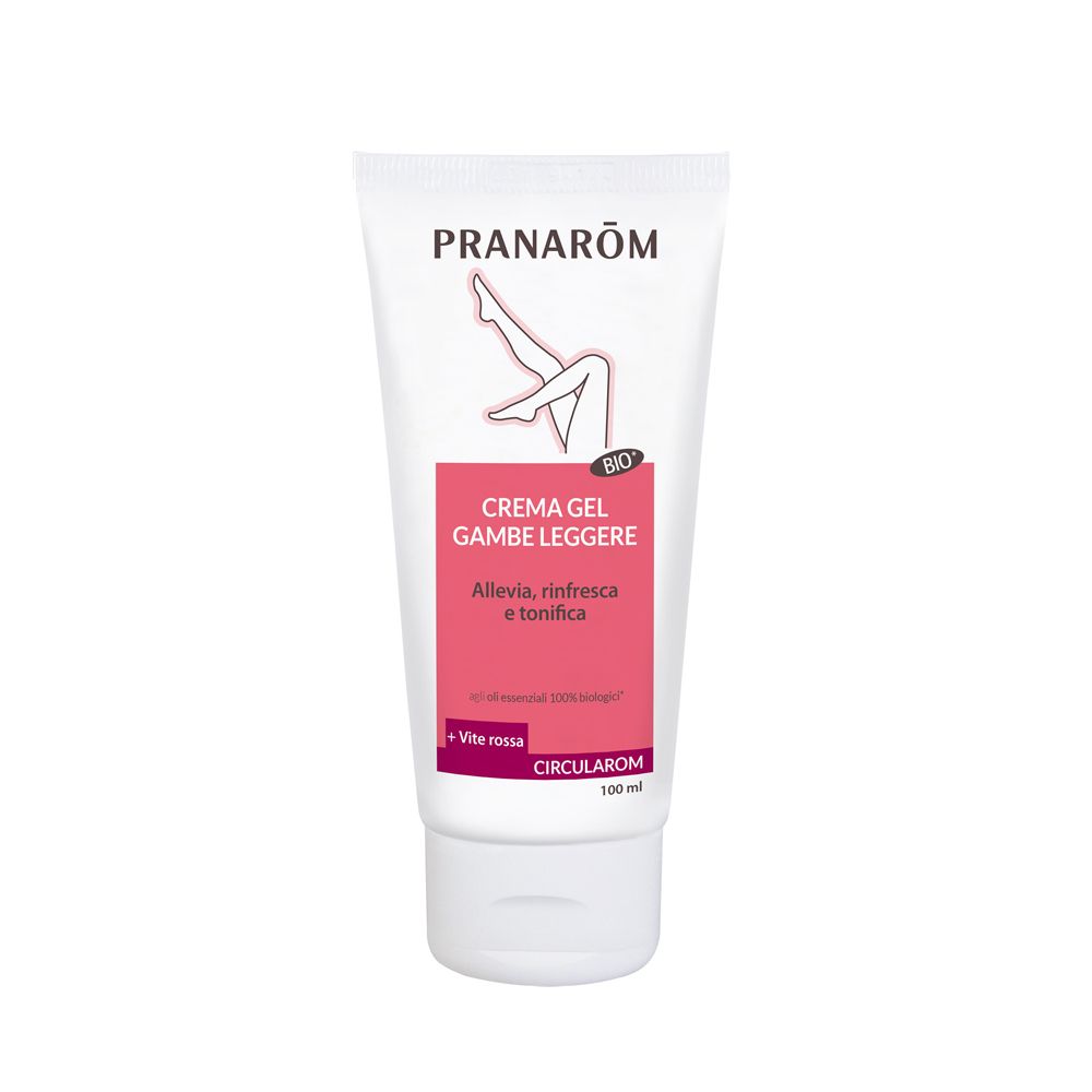 Tubo bianco con testo rosso. CREMA GEL GAMBE LEGGERE. Logo gambe. Marchio: PRANAROM. 100 ml.