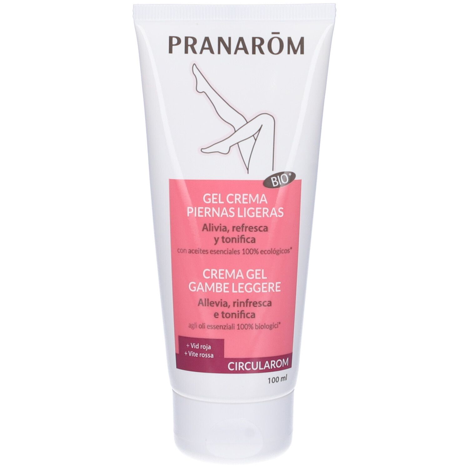 Tubo bianco con testo rosso. GEL CREMA PIERNAS LIGERAS. Logo gambe. Marchio: PRANAROM. 100 ml.
