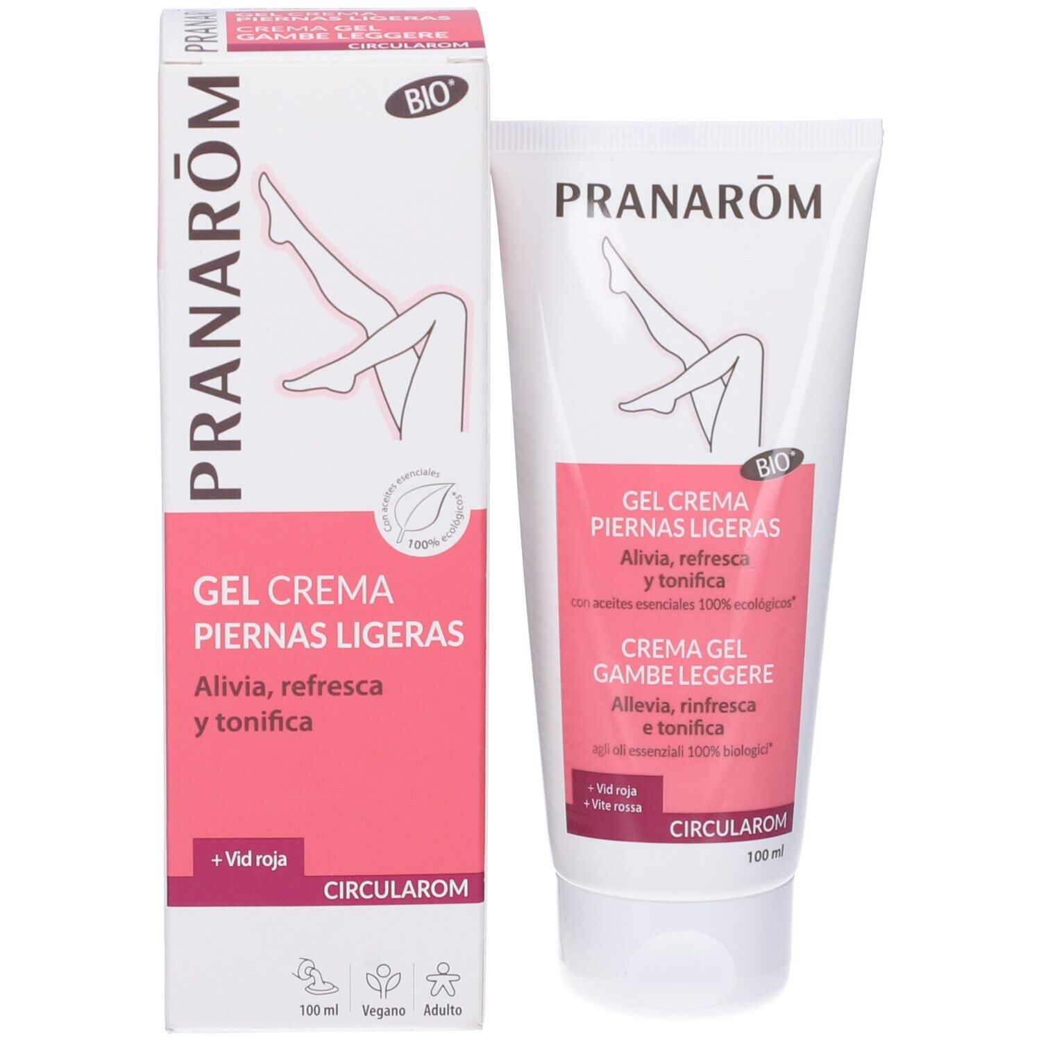 Confezione del prodotto. Tubo e scatola. Testo: GEL CREMA PIERNAS LIGERAS. Marchio: PRANAROM. 100 ml. Certificazione.