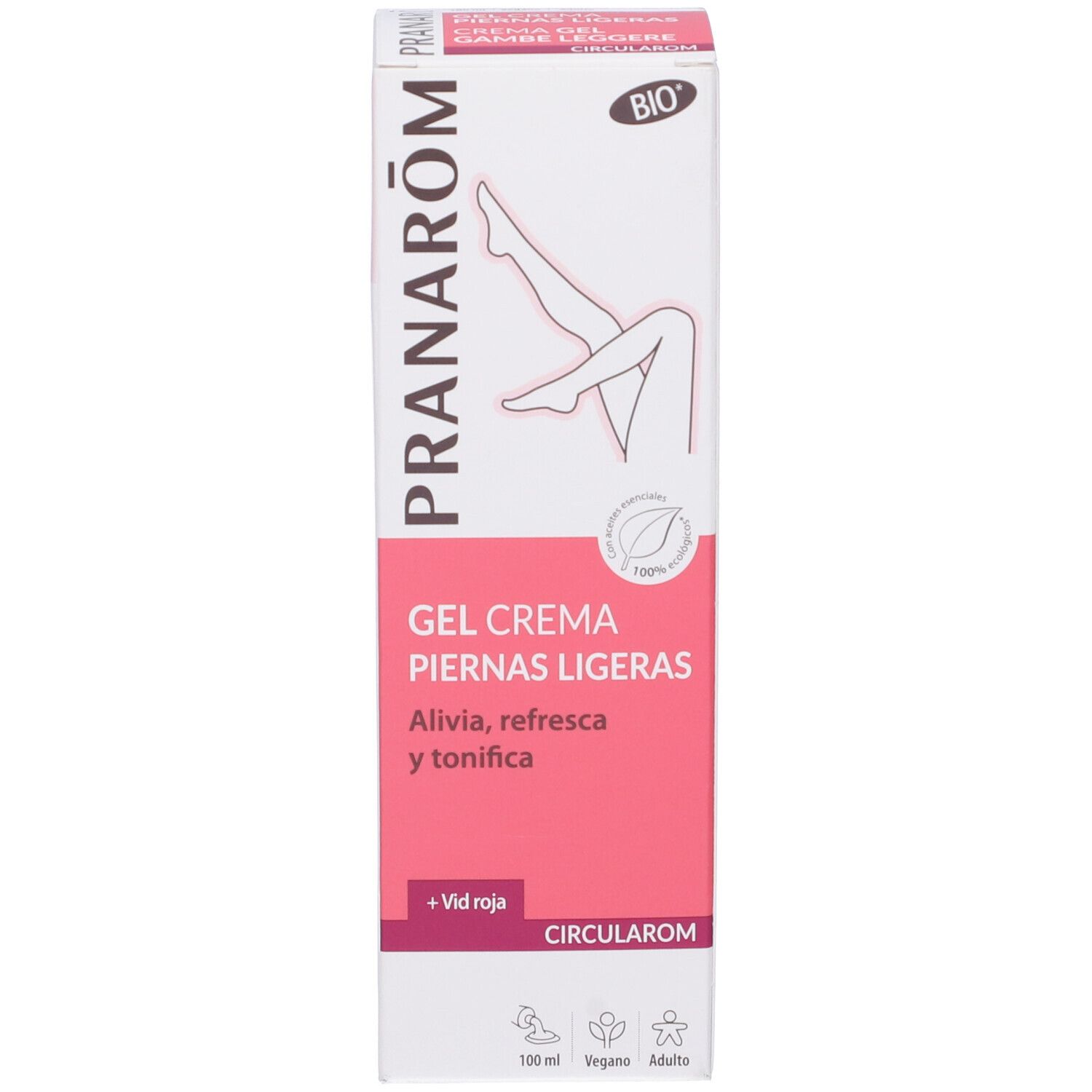 Confezione del prodotto. Scatola. Testo: GEL CREMA PIERNAS LIGERAS. Marchio: PRANAROM. 100 ml. Certificazione.