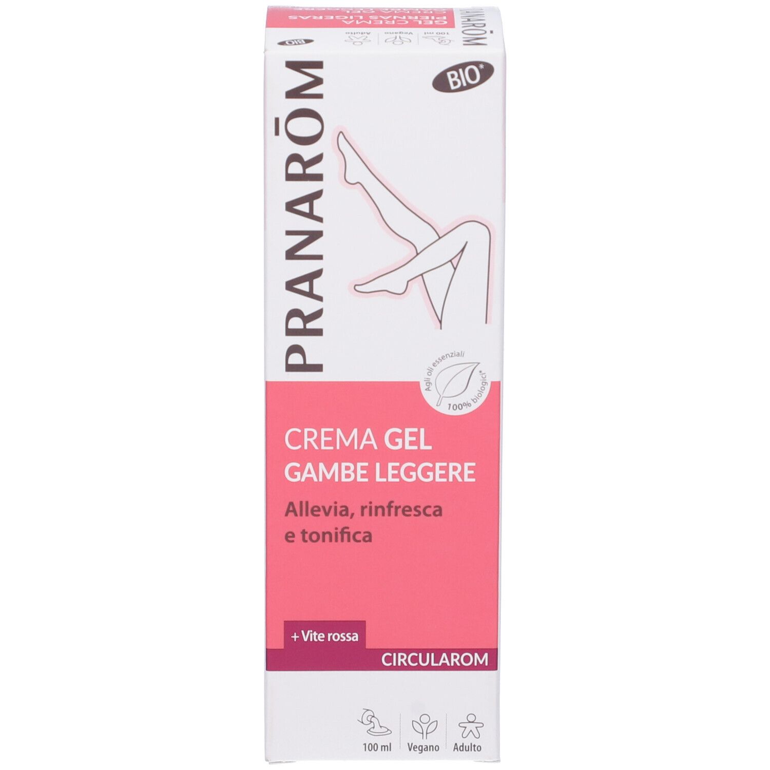 Confezione del prodotto. Scatola. Testo: CREMA GEL GAMBE LEGGERE. Marchio: PRANAROM. 100 ml. Certificazione.