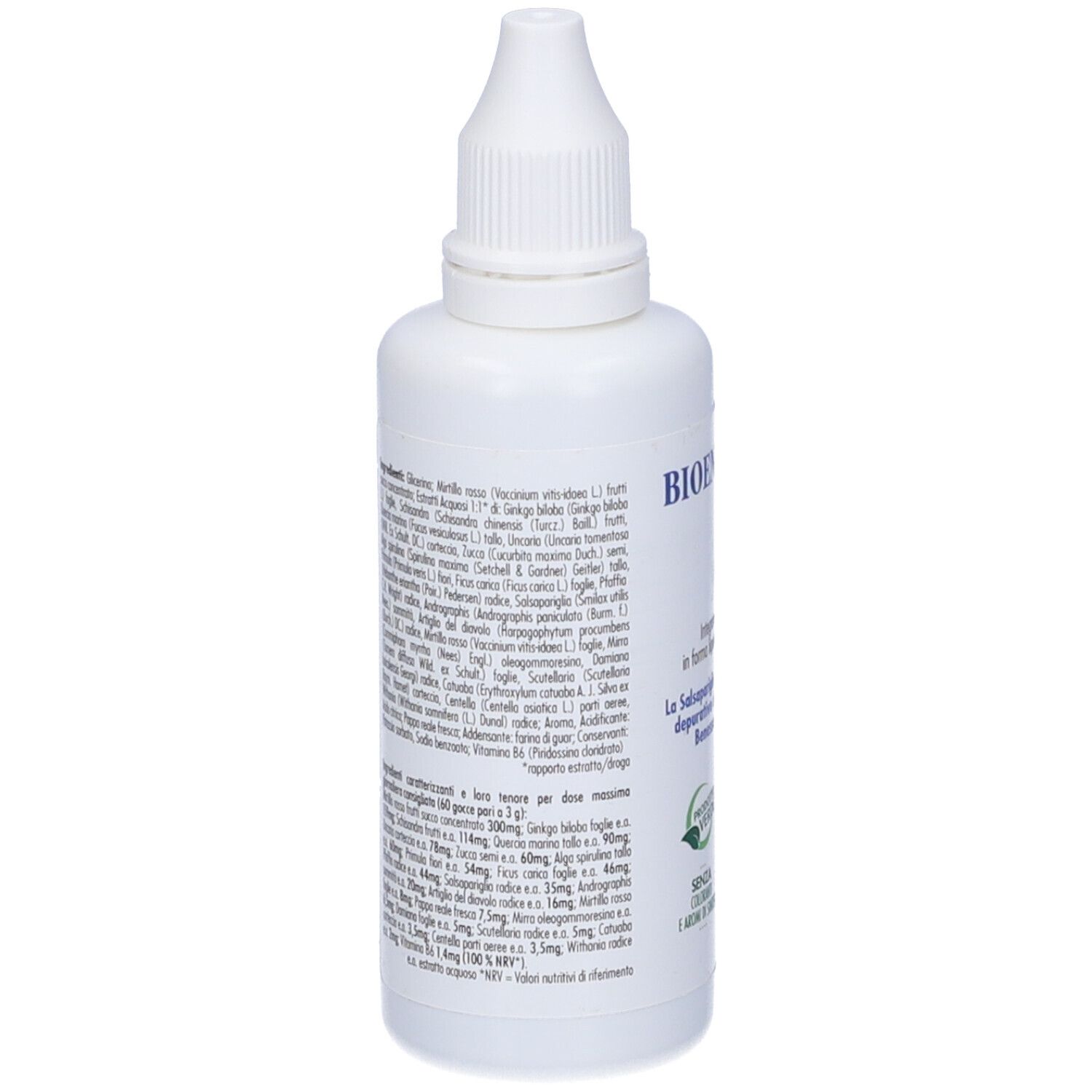 Rückseite der weißen Flasche mit Tropfer. Textliche Produktinformationen. Recycling-Symbole und 50 ml Volumenangabe.