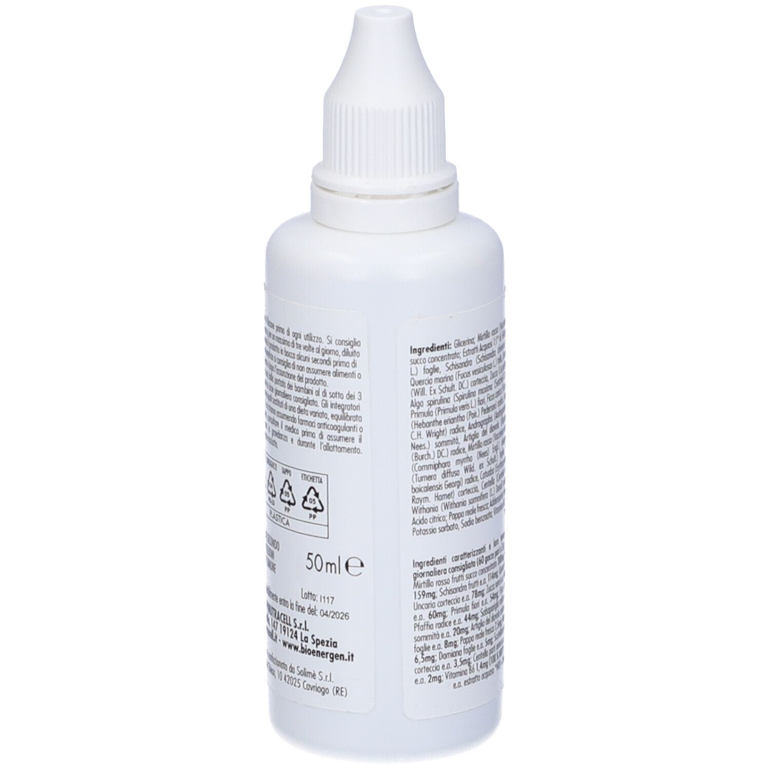 Rückseite der weißen Flasche mit Tropfer. Textliche Produktinformationen, Inhaltsstoffe und Herstellerangaben. 50 ml.