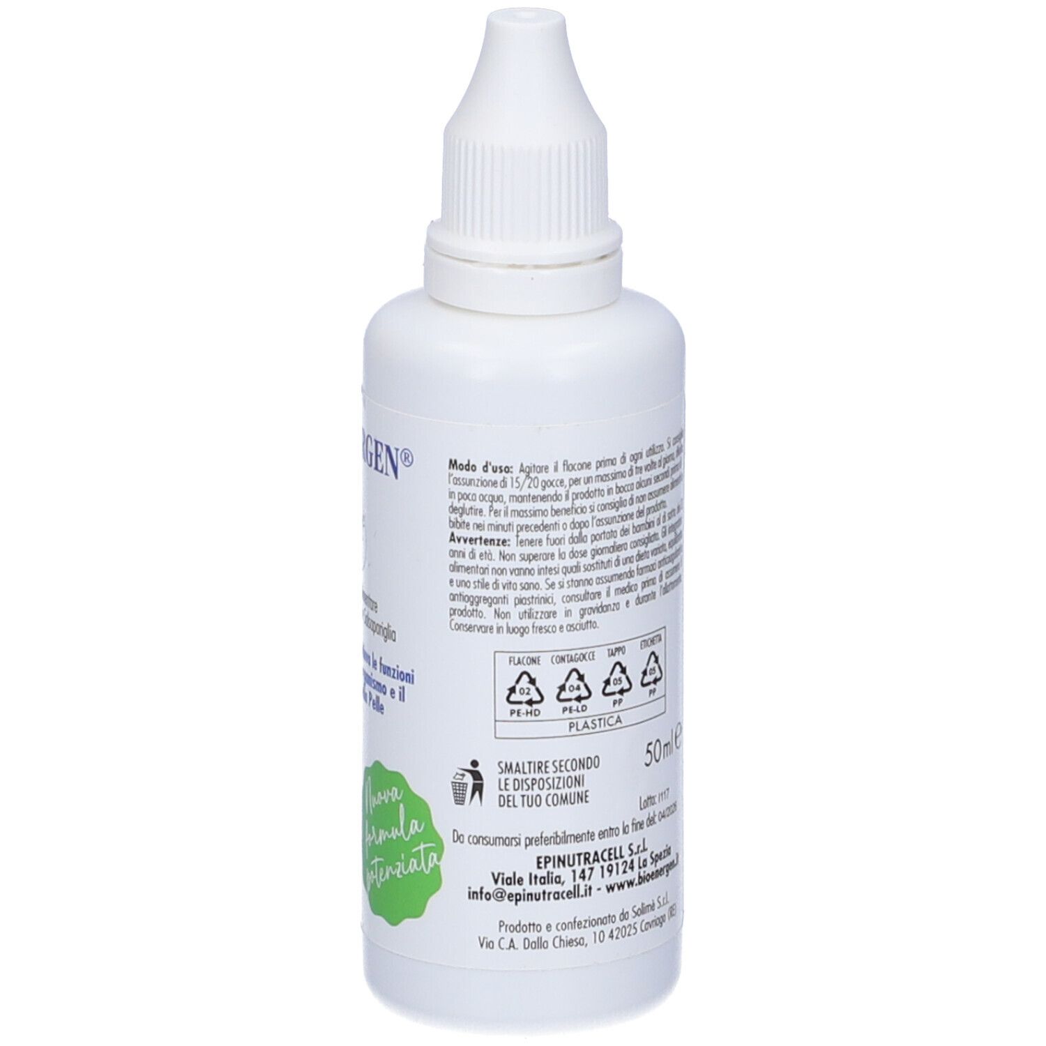 Rückseite der weißen Flasche mit Tropfer. Textliche Produktinformationen, Gebrauchsanweisung und Herstellerangaben. 50 ml.