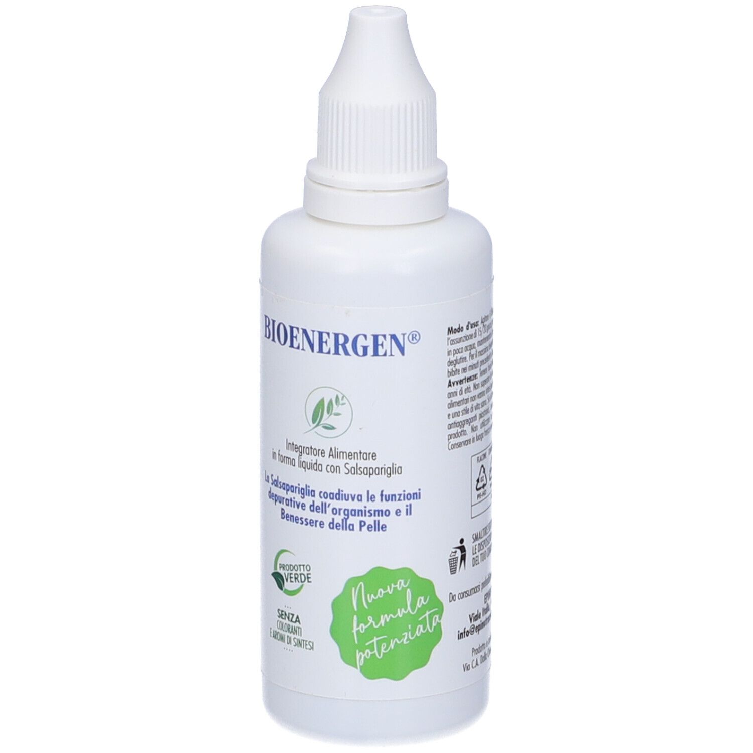 Weiße Flasche mit Tropfer. Aufschrift BIOENERGEN und Produktinformationen. Grün-weiße Etiketten. Ohne Farbstoffe und Aromen.