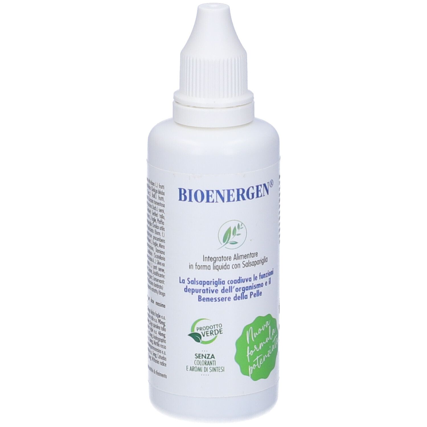 Weiße Flasche mit Tropfer. Aufschrift BIOENERGEN und Produktinformationen. Grün-weiße Etiketten. Ohne Farbstoffe und Aromen.