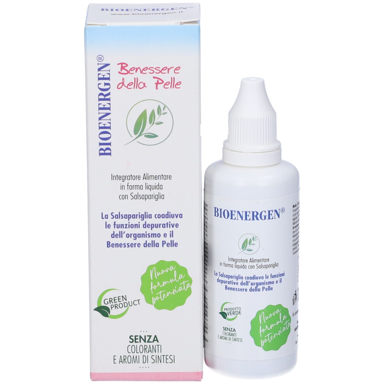 Produktverpackung mit Flasche und Karton. Aufschrift BIOENERGEN. Grün-weiße Etiketten. Ohne Farbstoffe und Aromen.