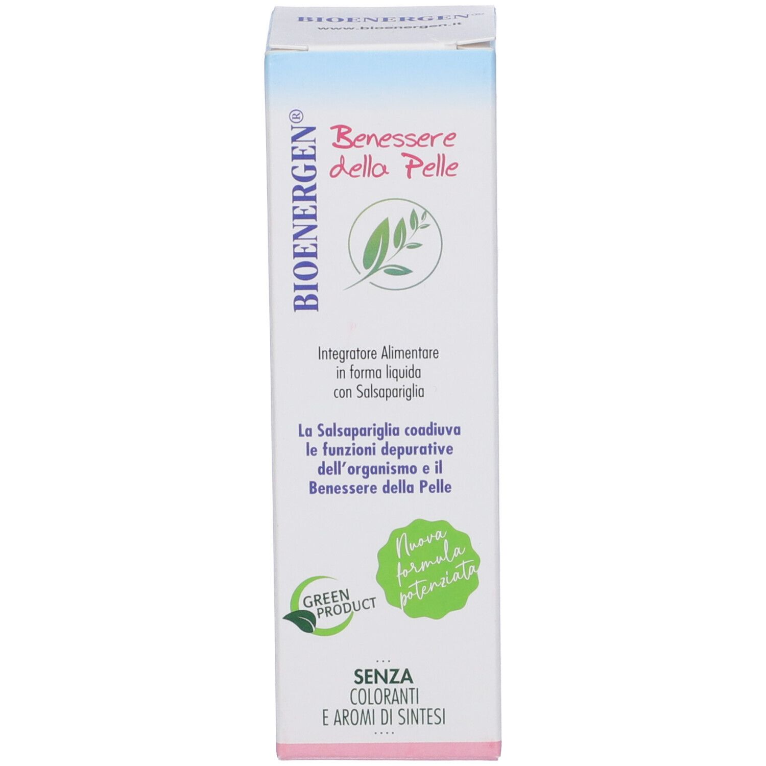 Produktverpackung, Karton. Aufschrift BIOENERGEN. Grün-weiße Etiketten. Ohne Farbstoffe und Aromen.