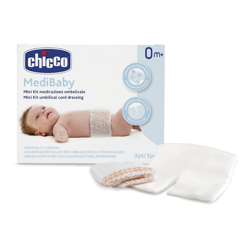 Chicco MediBaby Mini-Set. Enthält sterile Gaze und elastische Schlauchverbände. Verpackung mit Babyabbildung und Produktnamen.