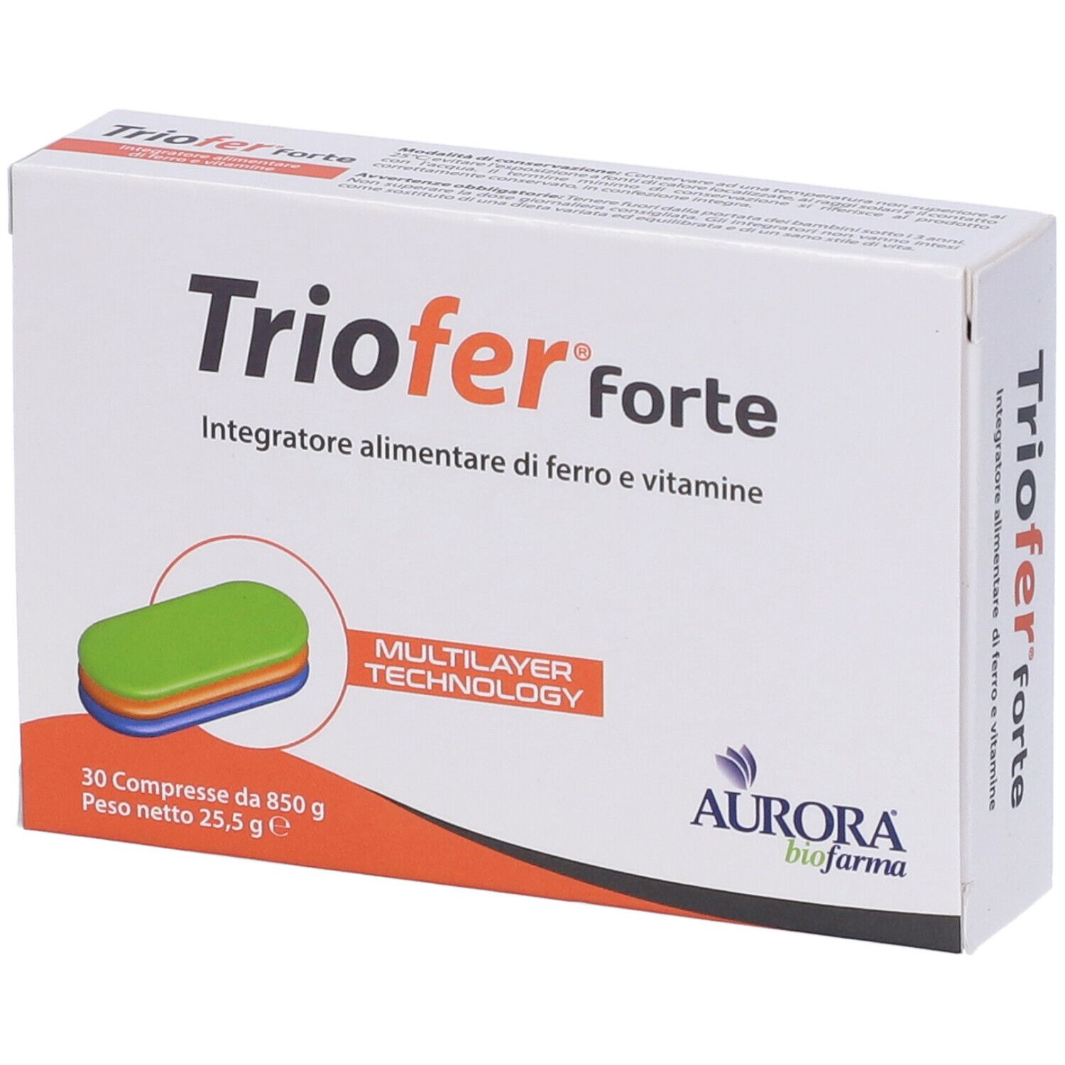Scatola di Triofer forte. Contiene 30 compresse. Tecnologia multistrato. Logo Aurora Biofarma.