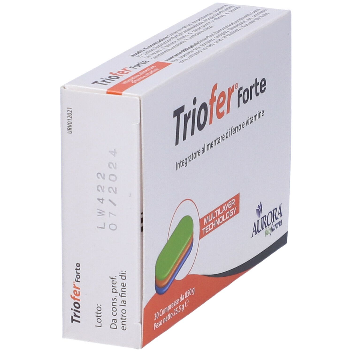 Vista angolata della confezione Triofer forte. Contiene 30 compresse. Logo Aurora Biofarma.
