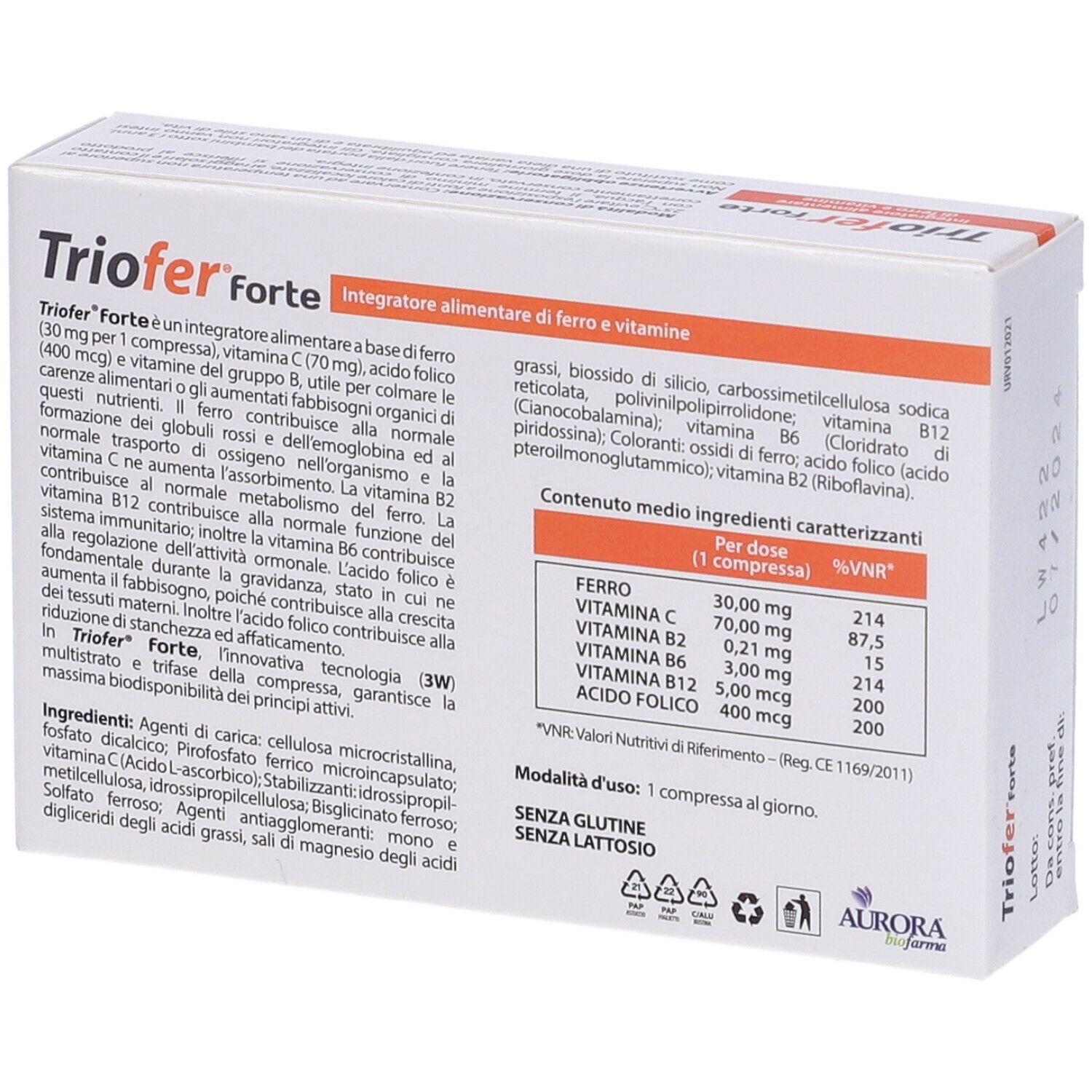 Retro della confezione Triofer forte. Contiene ingredienti e informazioni nutrizionali. Aurora Biofarma.