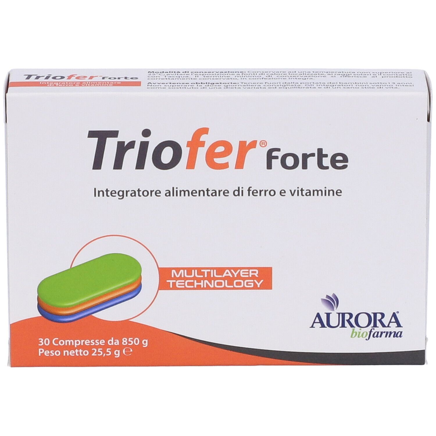 Confezione Triofer forte. Contiene 30 compresse. Tecnologia multistrato. Logo Aurora Biofarma.