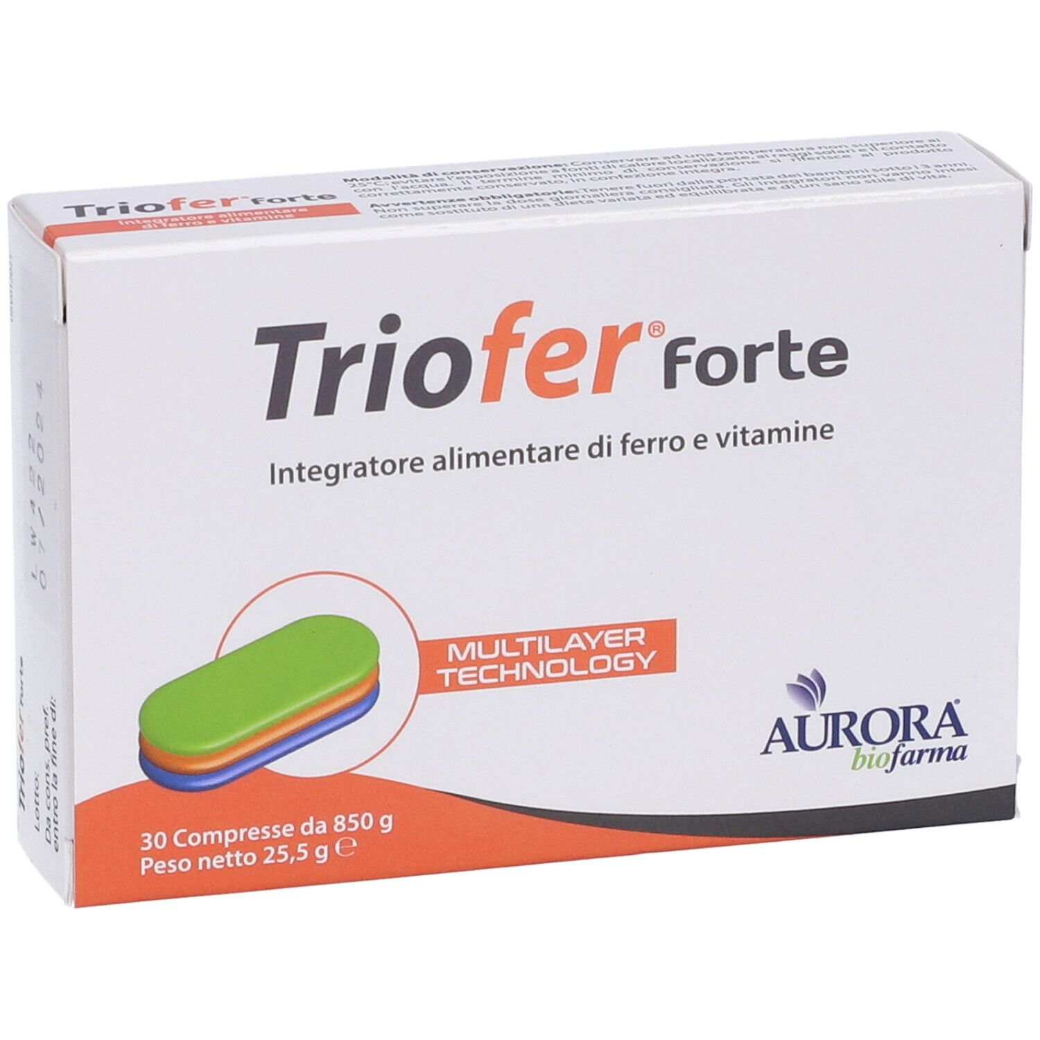Confezione Triofer forte. Contiene 30 compresse. Tecnologia multistrato. Logo Aurora Biofarma.