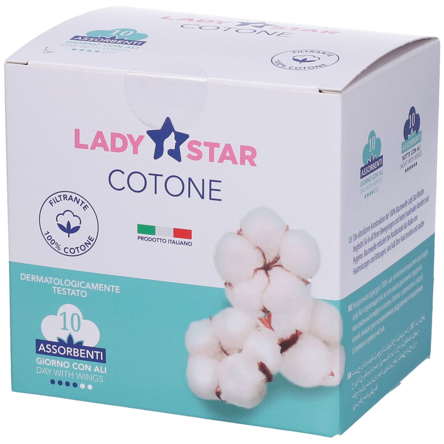 Confezione di assorbenti. Scritta: LADY STAR COTONE, 10 Assorbenti Giorno con Ali. Logo cotone e bandiera italiana.