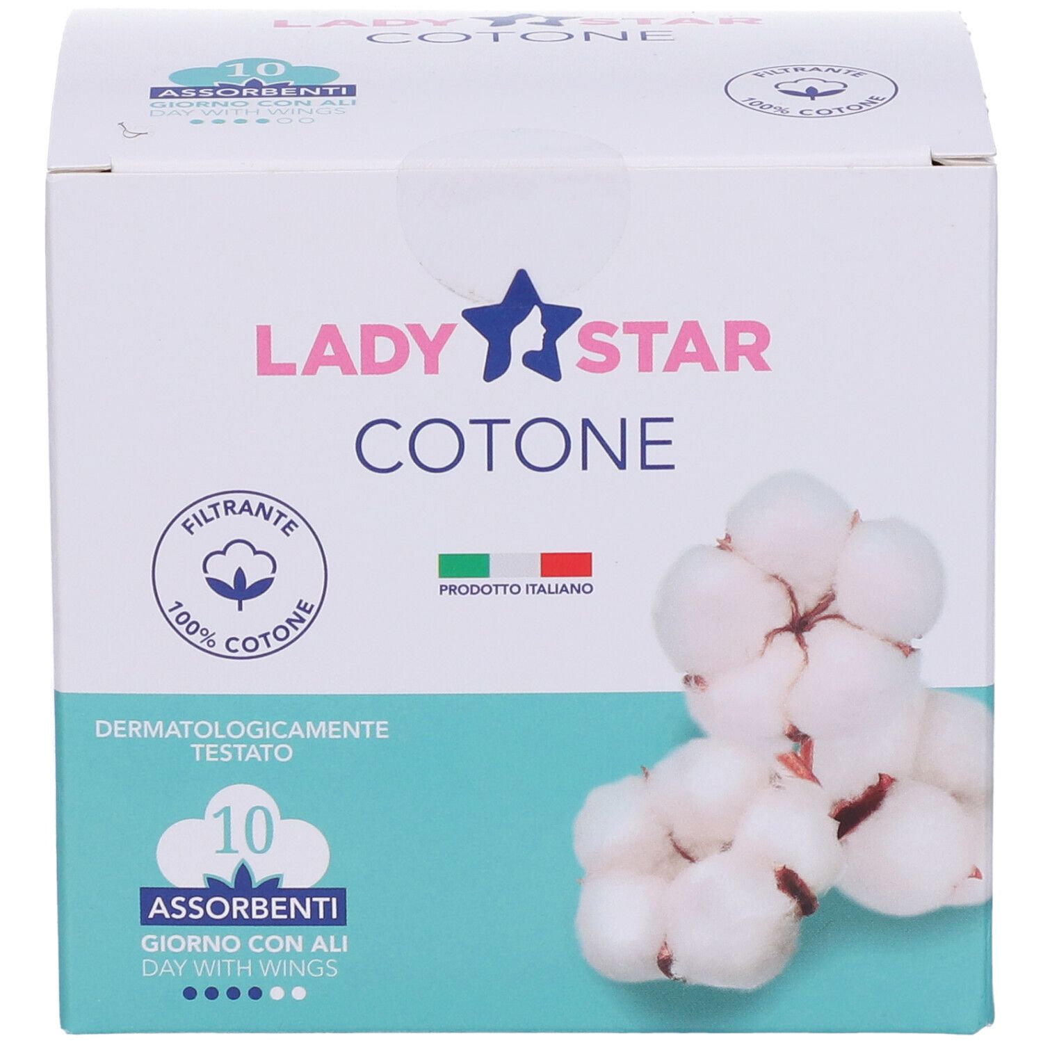 Confezione di assorbenti. Scritta: LADY STAR COTONE, 10 Assorbenti Giorno con Ali. Logo cotone e bandiera italiana.