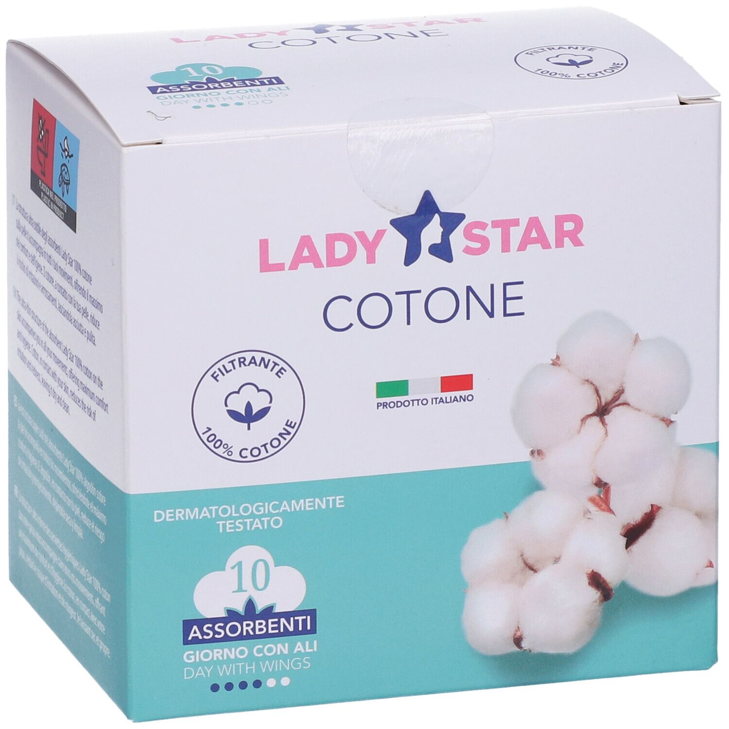 Confezione di assorbenti. Scritta: LADY STAR COTONE, 10 Assorbenti Giorno con Ali. Logo cotone e bandiera italiana.
