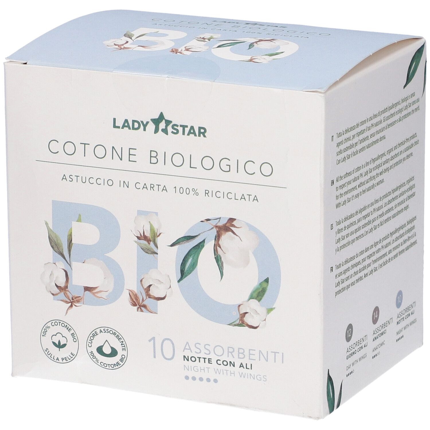 Ladystar Assorbenti Esterni 100% Cotone Bio Da Notte Con Ali 10 Pezzi - Immagine 4