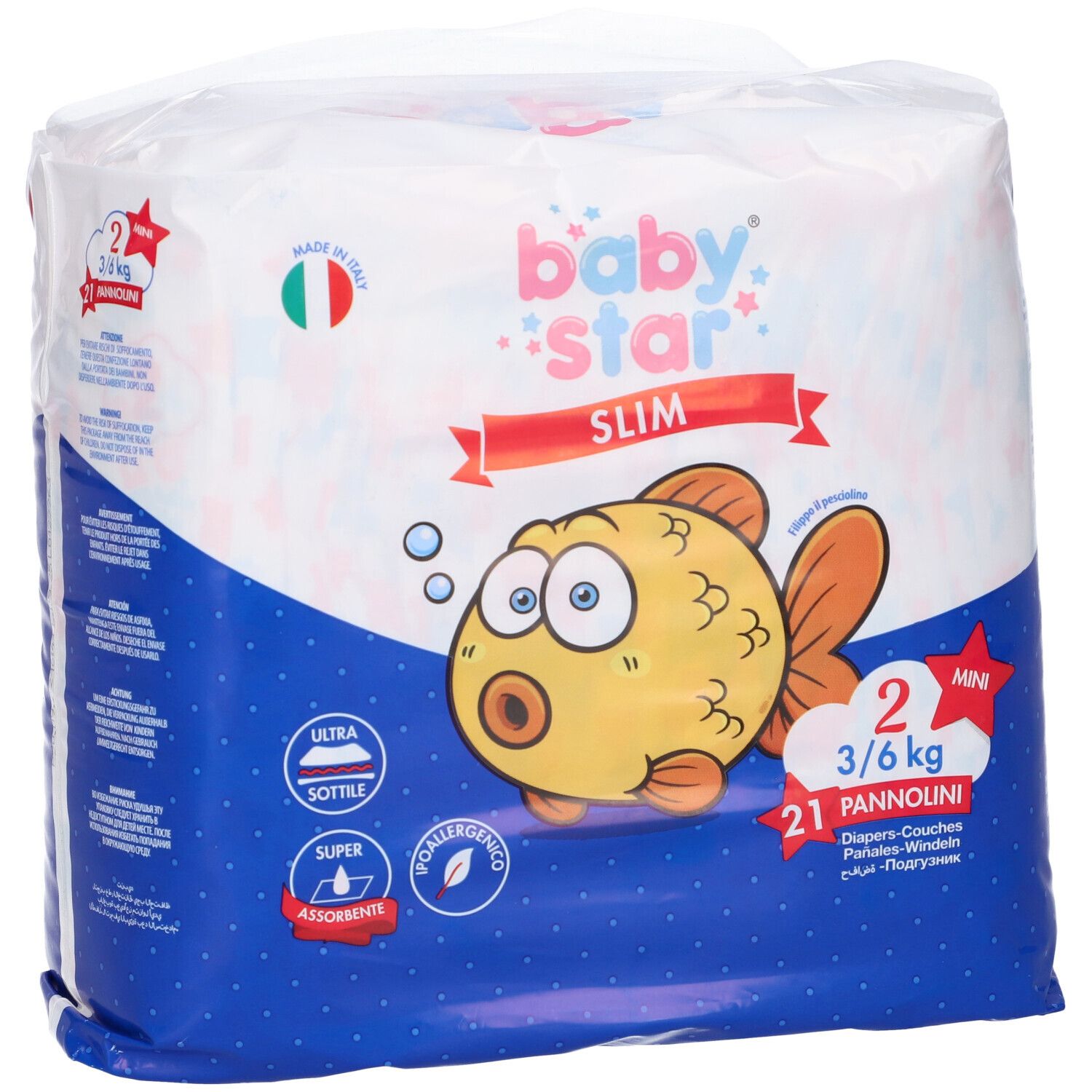 Baby Star Slim Windeln, Größe 2, 3/6 kg, 21 Stück. Verpackung mit Fisch-Illustration und Produktinformationen.