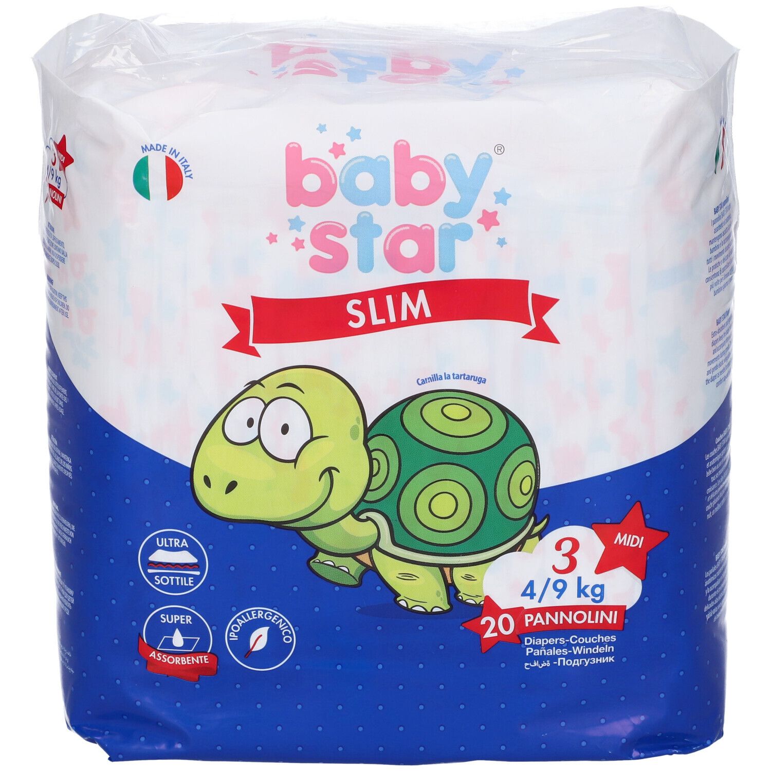 Baby Star Slim Windelpackung. Größe 3, 4/9 kg, 20 Stück. Schildkröten-Illustration.