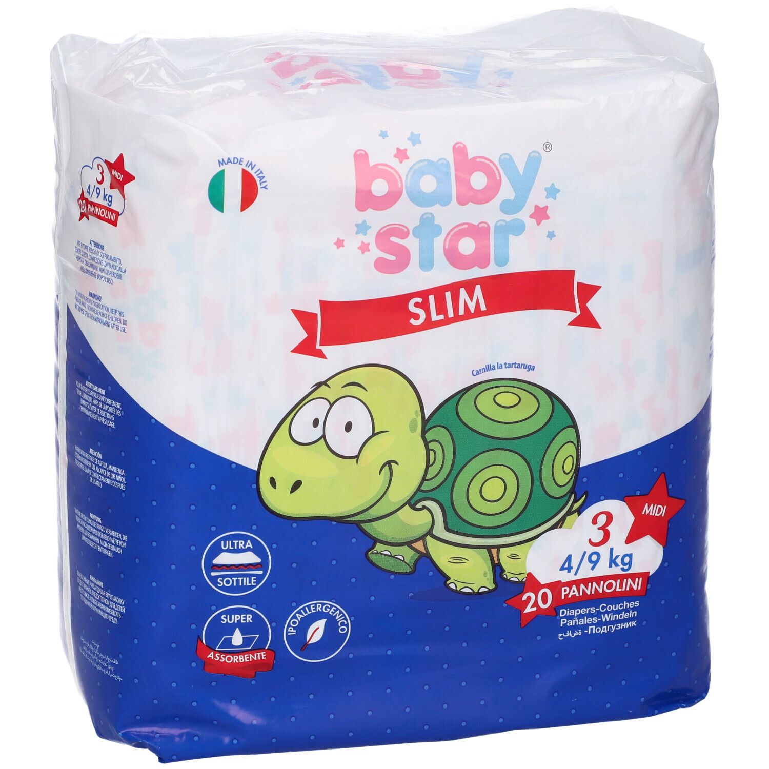 Baby Star Slim Windelpackung. Größe 3, 4/9 kg, 20 Stück. Schildkröten-Illustration.