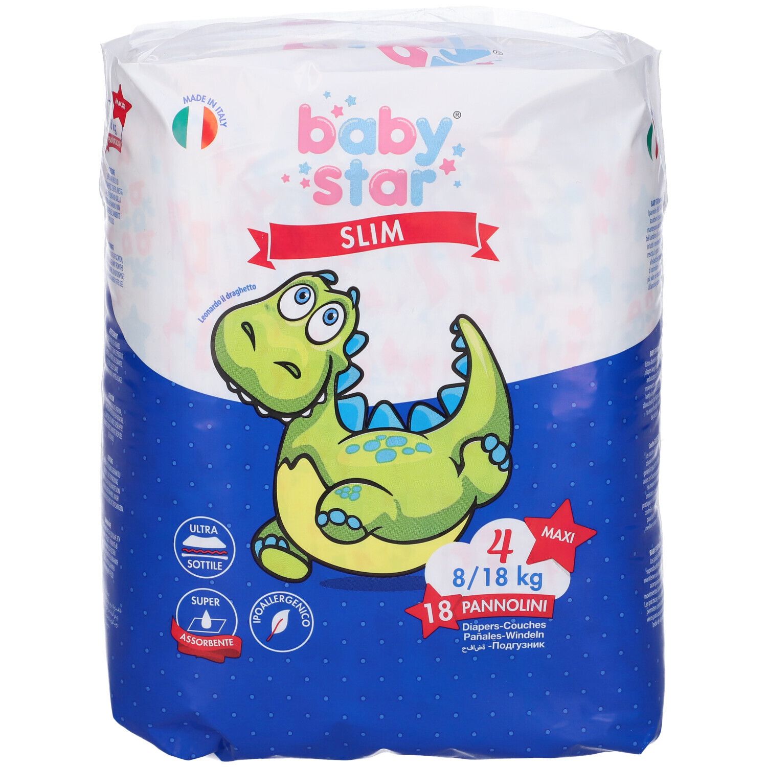 Windelpackung Baby Star Slim. Größe 4, 8/18 kg, 18 Stück. Dino-Illustration und Produktinformationen.