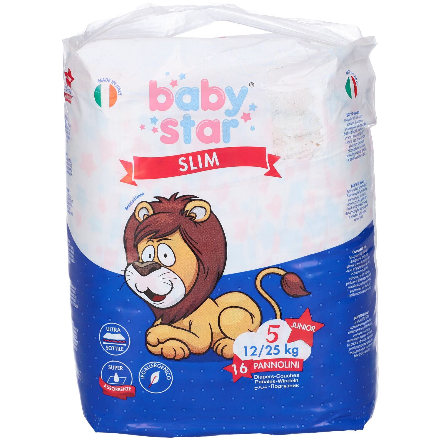 Windelpackung Baby Star Slim mit Löwen-Illustration und Größenangaben. Enthält 16 Windeln für 12/25 kg. Blaue und weiße Farbgebung.