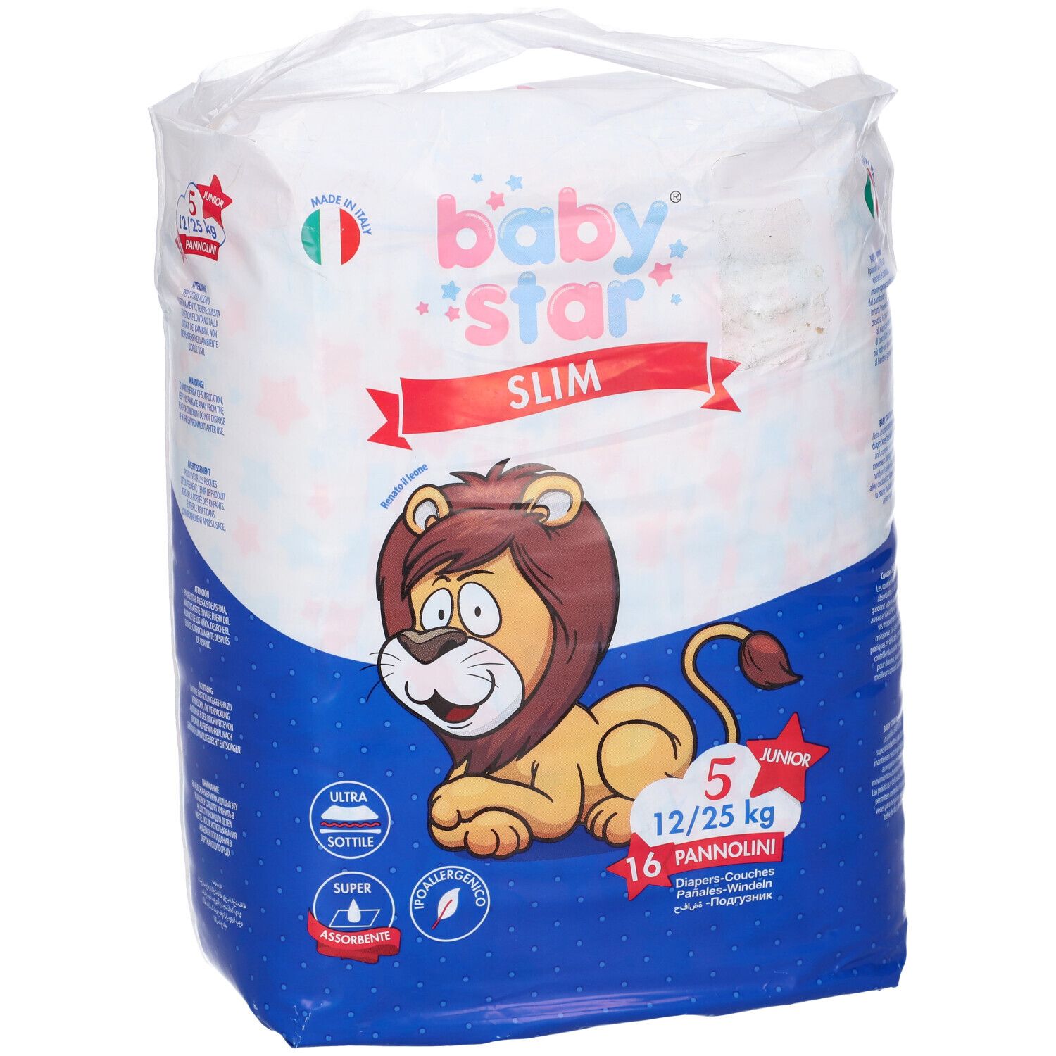 Windelpackung Baby Star Slim mit Löwen-Illustration und Größenangaben. Enthält 16 Windeln für 12/25 kg. Blaue und weiße Farbgebung.