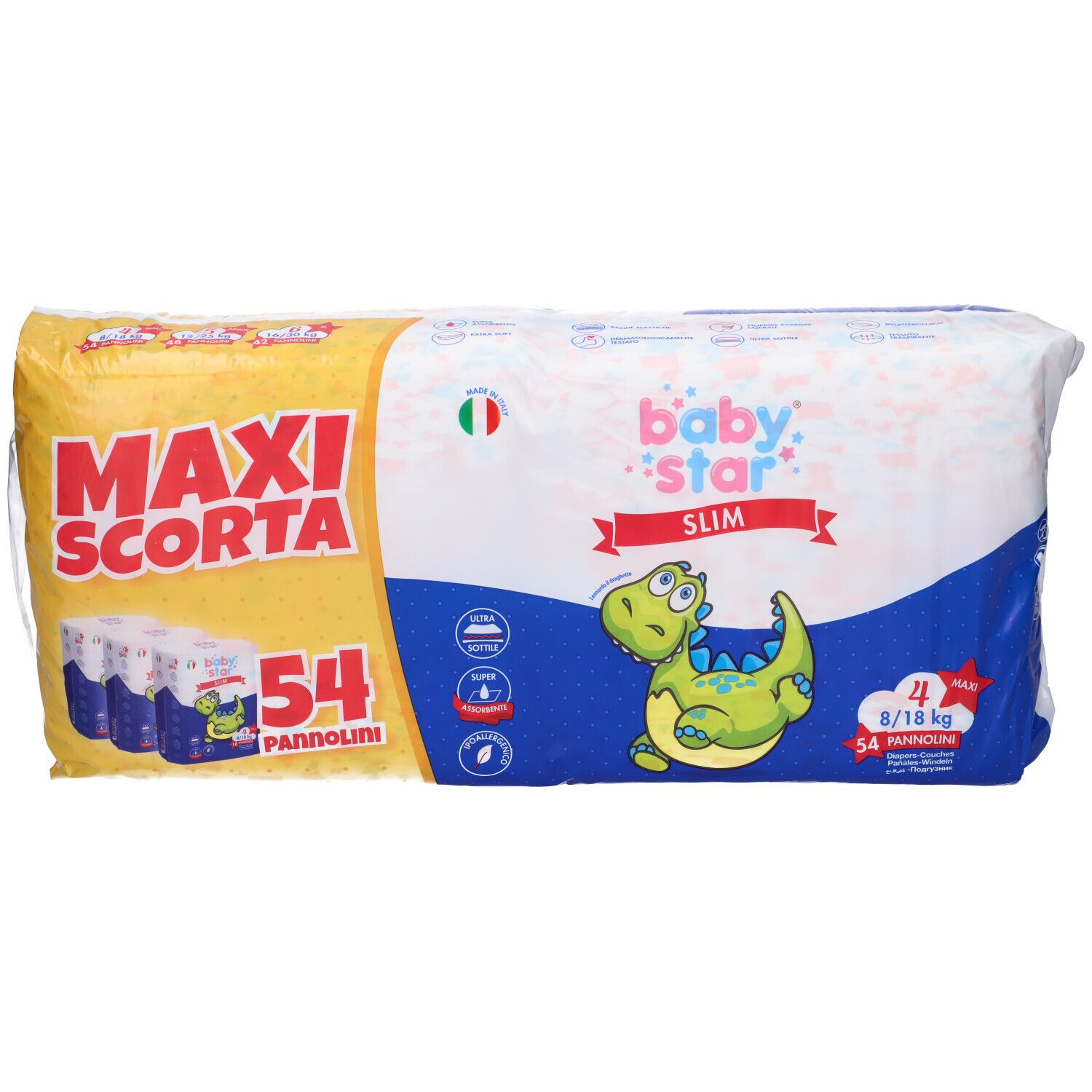 Baby Star Slim Windelpackung. Enthält 54 Stück, Größe 4 (8/18 kg). Verpackung mit Dino-Illustration und italienischer Flagge.
