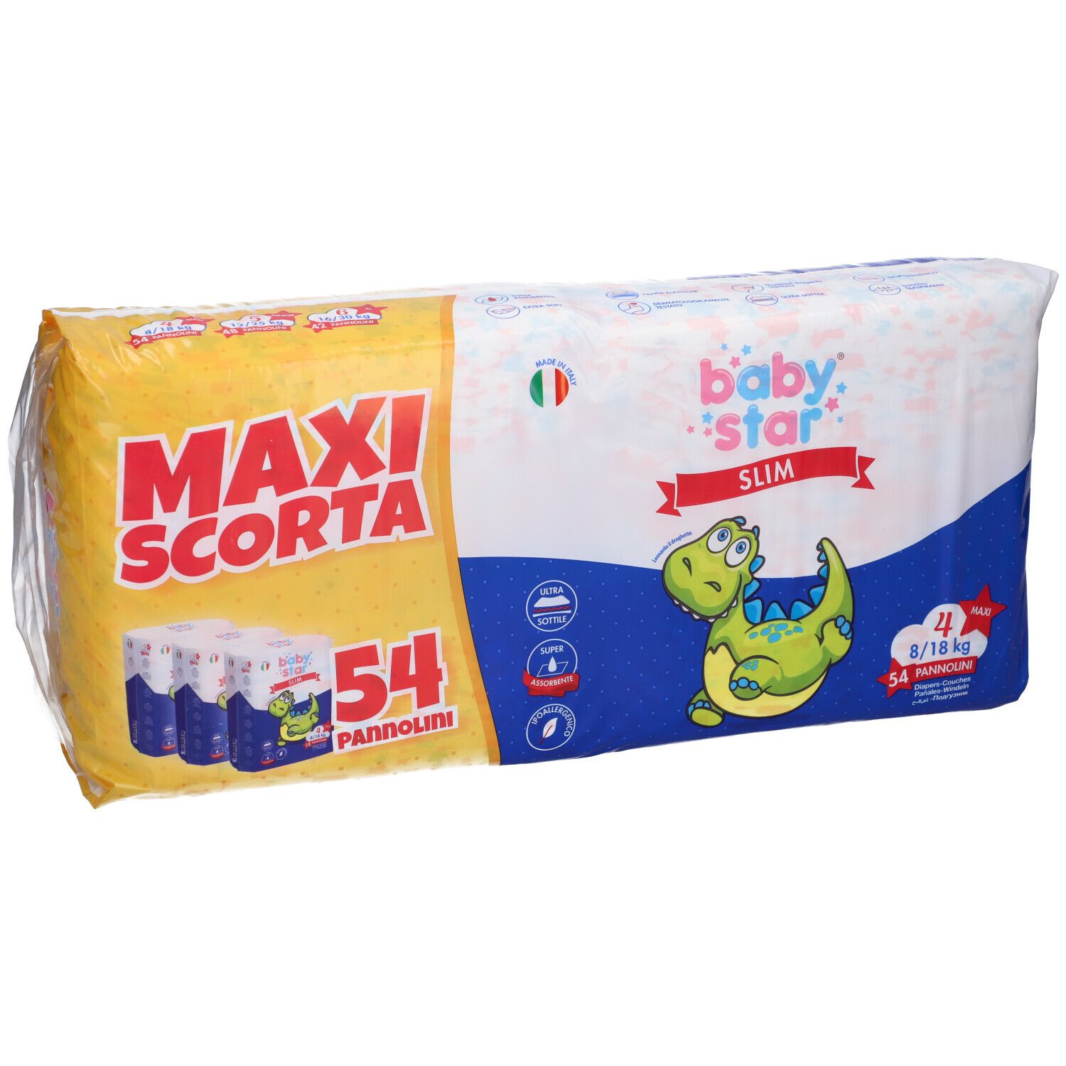 Baby Star Slim Windelpackung. Enthält 54 Stück, Größe 4 (8/18 kg). Verpackung mit Dino-Illustration.