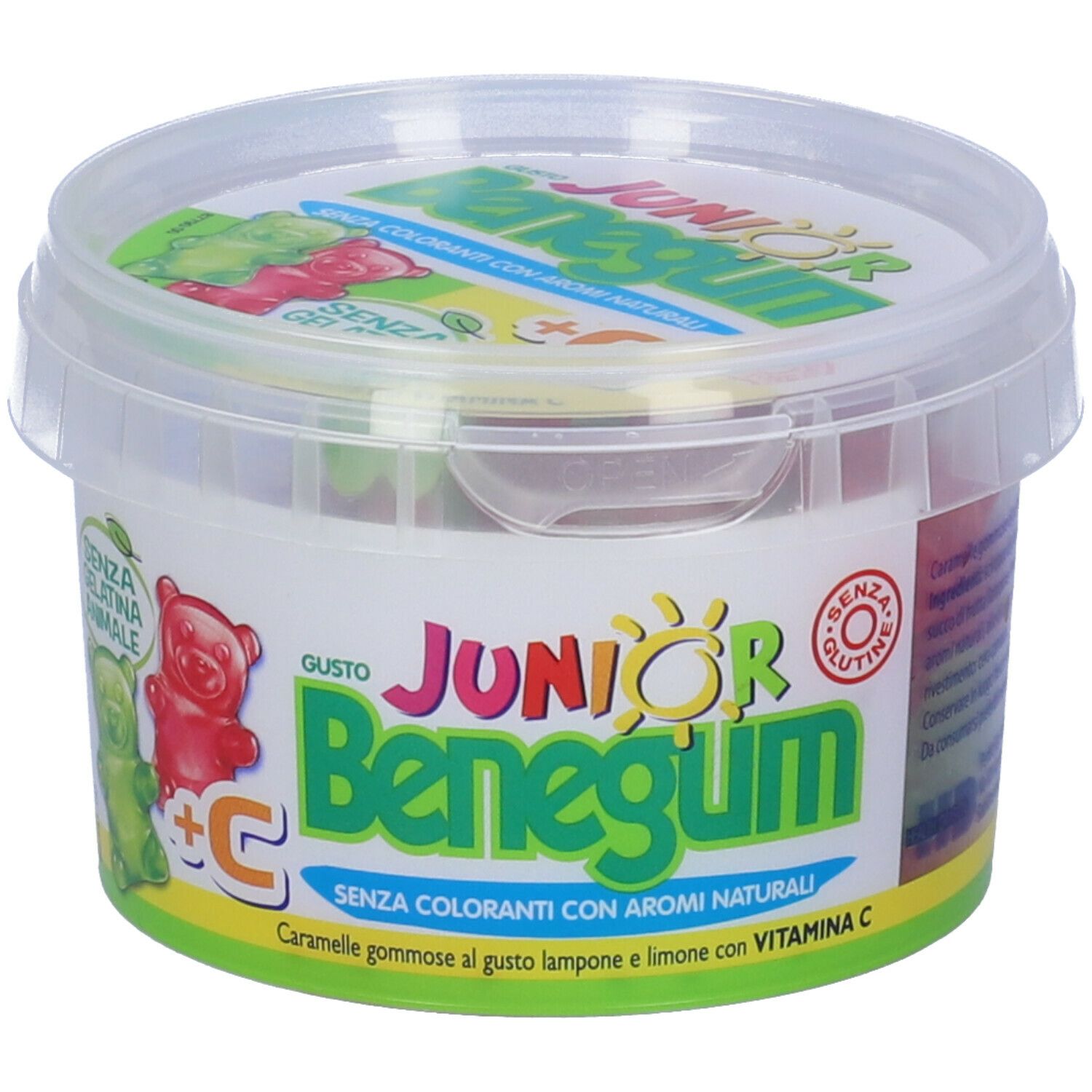 Contenitore trasparente con orsetti gommosi. Scritta: Junior Benegum + C, senza glutine, senza coloranti, con aromi naturali e vitamina C.