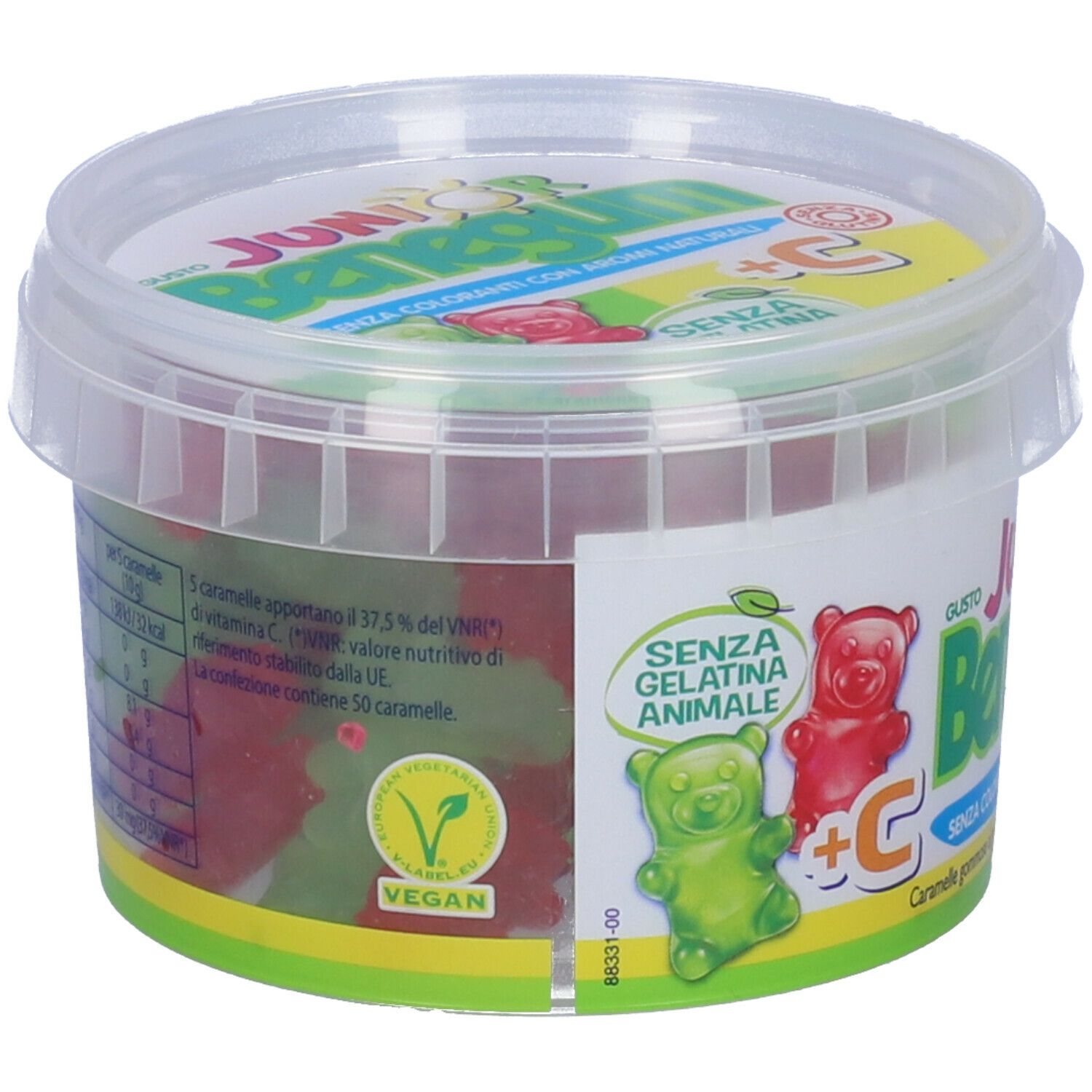 Contenitore trasparente con orsetti gommosi. Scritta: Junior Benegum + C, senza gelatina animale, vegano. Informazioni nutrizionali sul lato.