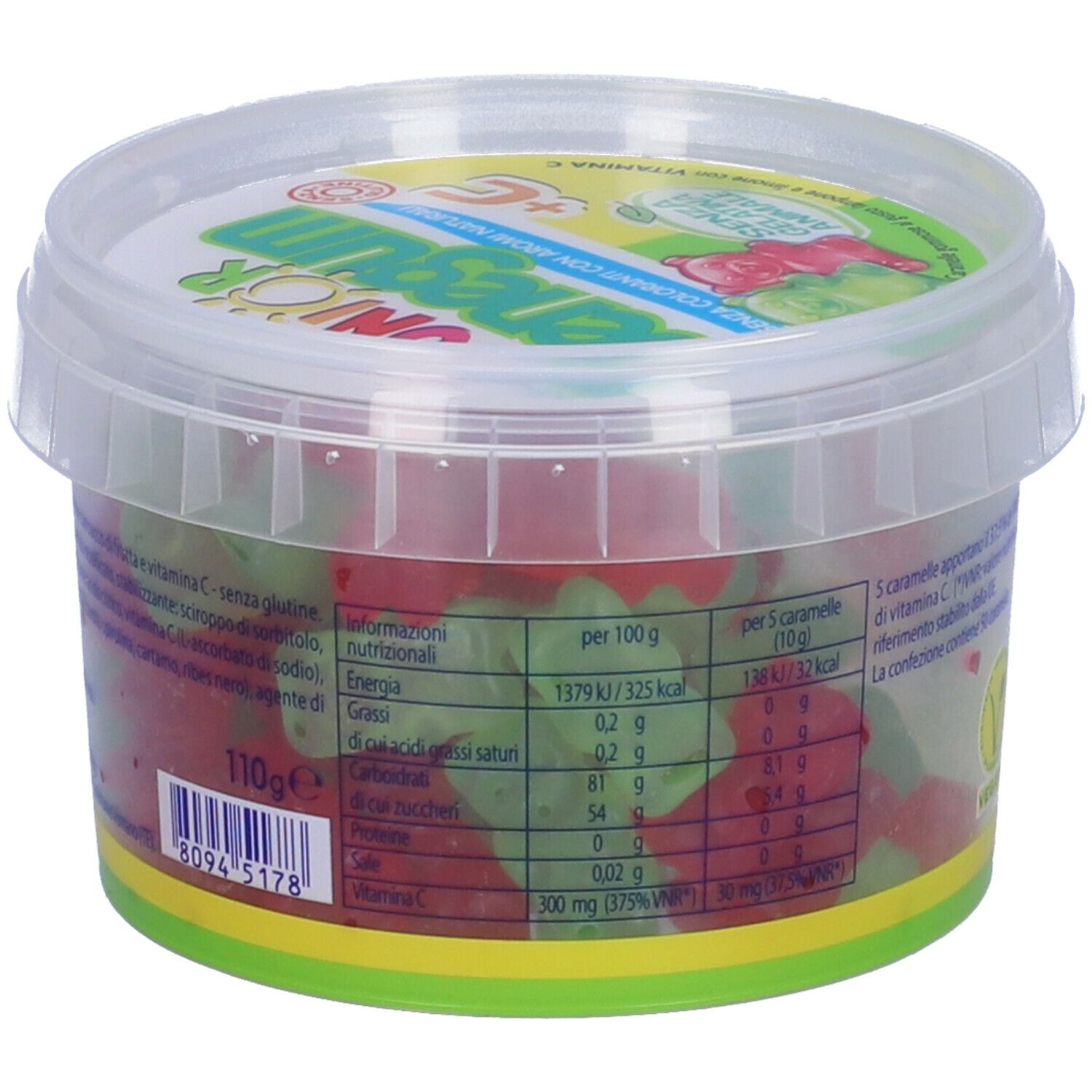 Contenitore trasparente con orsetti gommosi. Scritta: Junior Benegum + C. Informazioni nutrizionali e vitamina C sul lato. 110g.