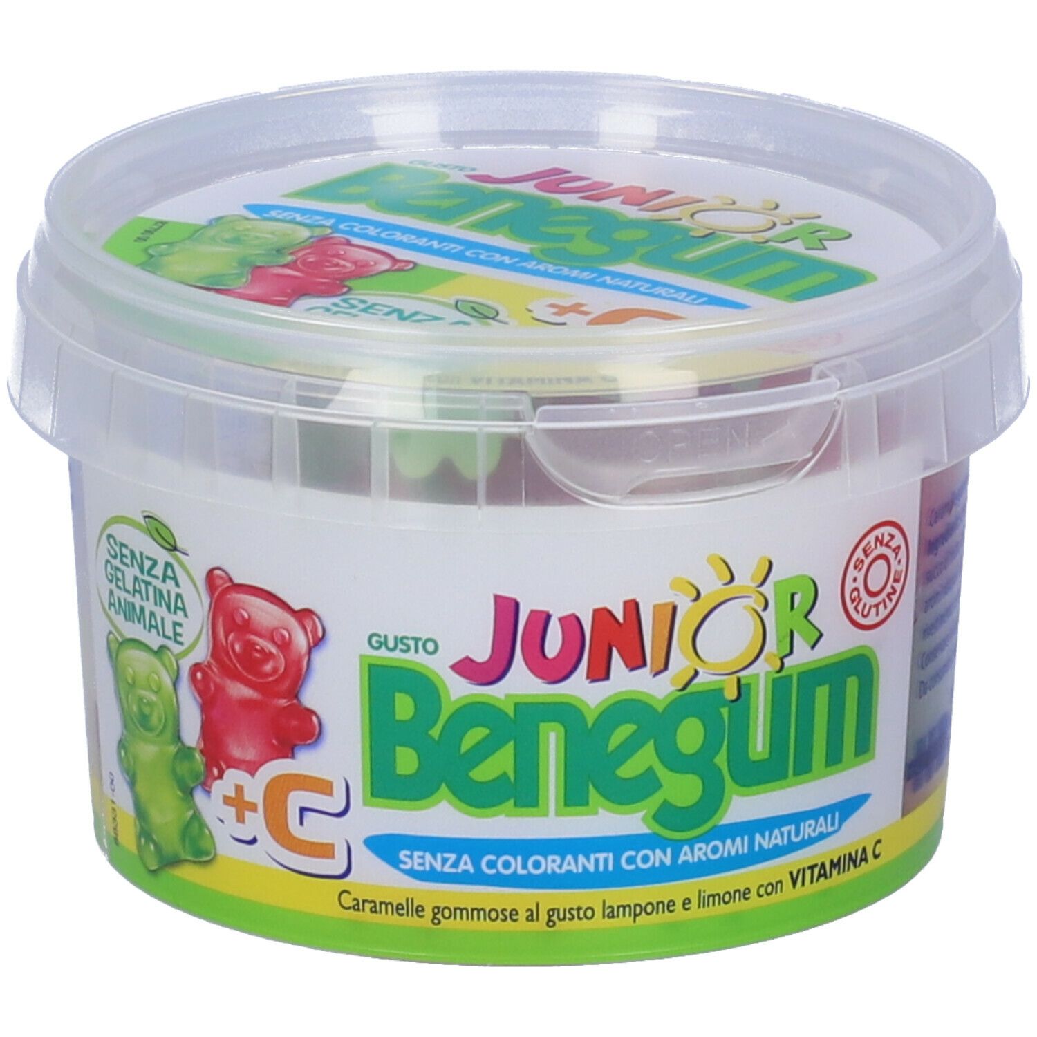 Contenitore trasparente con orsetti gommosi. Scritta: Junior Benegum + C, senza gelatina animale, senza glutine, con vitamina C.