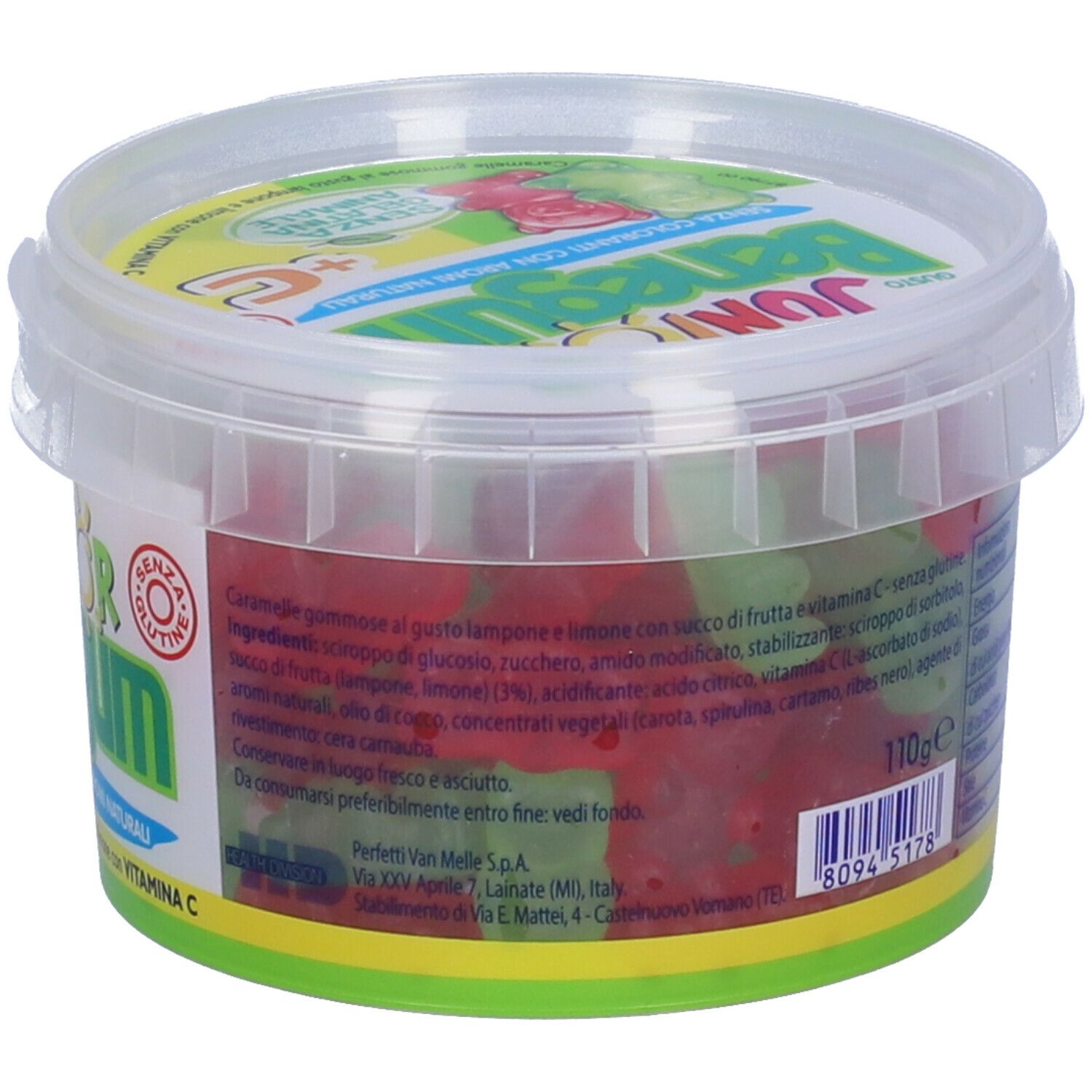 Contenitore trasparente con orsetti gommosi. Scritta: Junior Benegum + C, con vitamina C. Elenco ingredienti e data di scadenza sul lato. 110g.