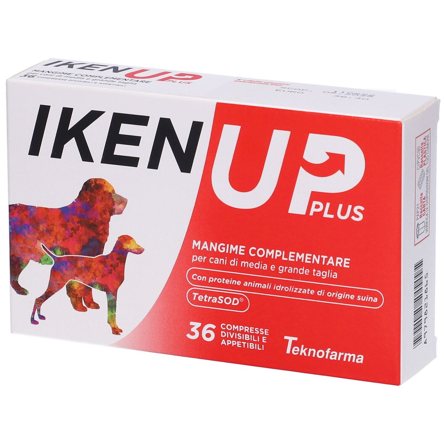 Scatola bianca con accento rosso. Scritta IKEN UP PLUS, illustrazioni di cani. 36 compresse. Testo in italiano.
