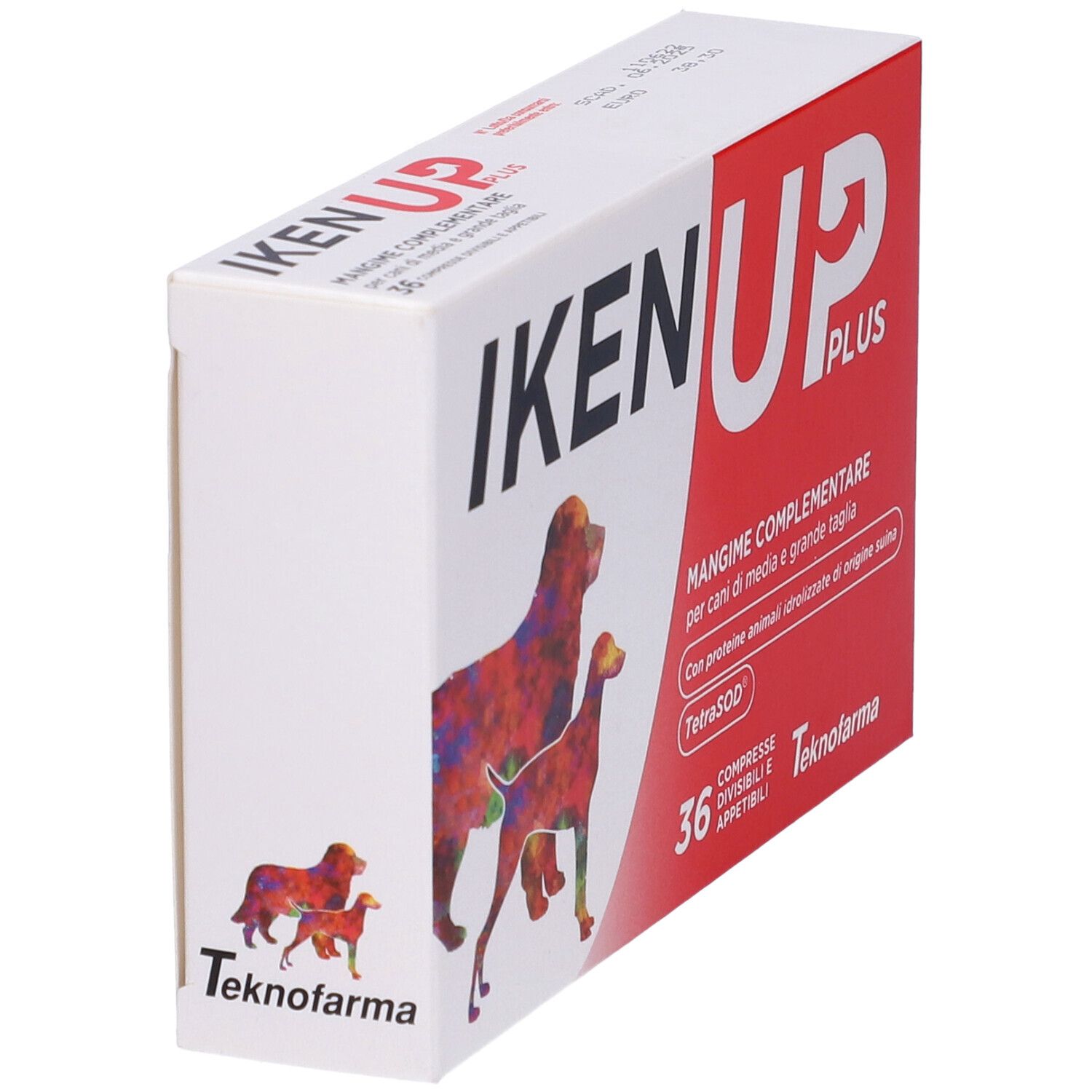 Scatola bianca e rossa, logo IKEN UP PLUS e illustrazione di cani. 36 compresse. Testo in italiano.