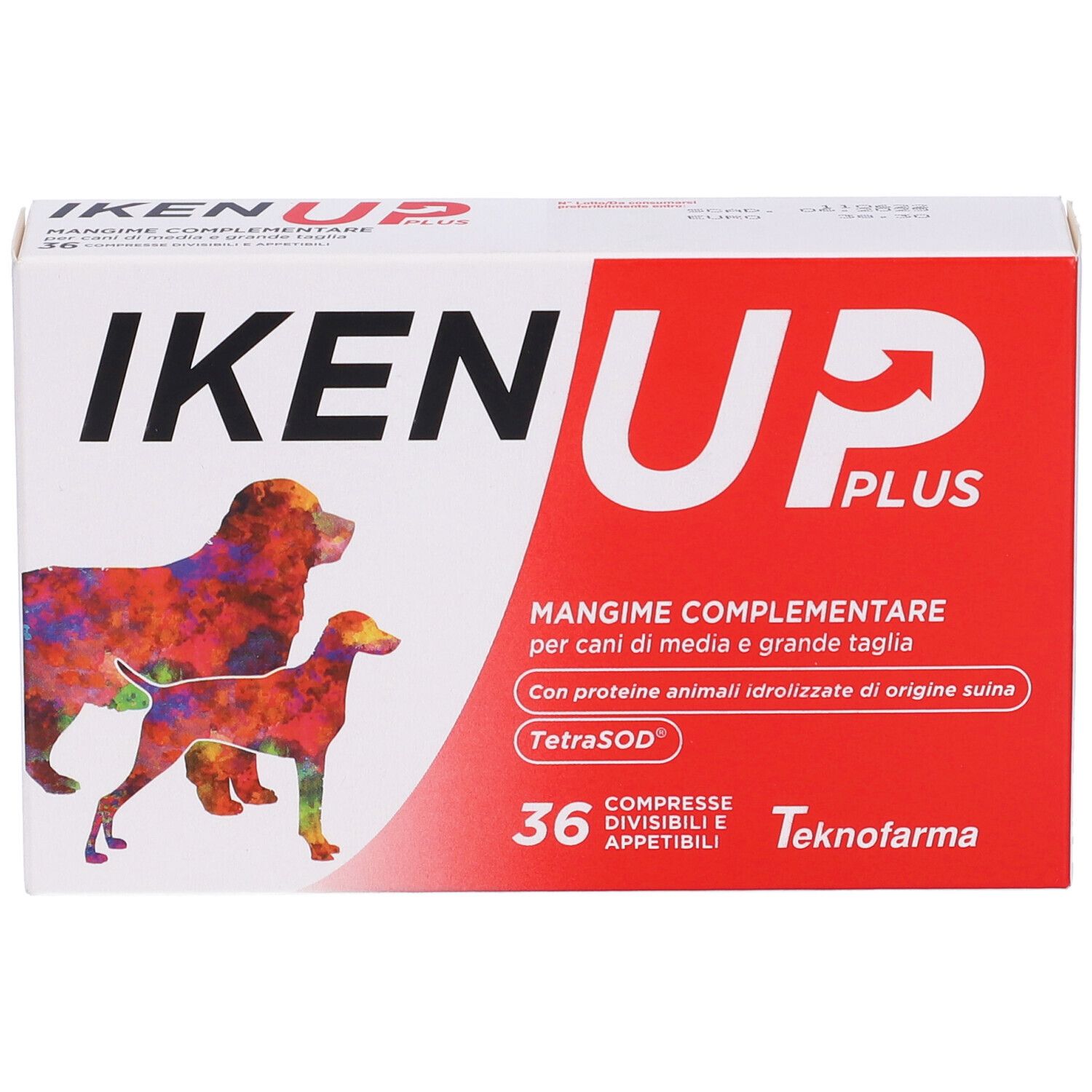 Scatola bianca con accento rosso. Scritta IKEN UP PLUS, illustrazioni di cani. 36 compresse. Testo in italiano.