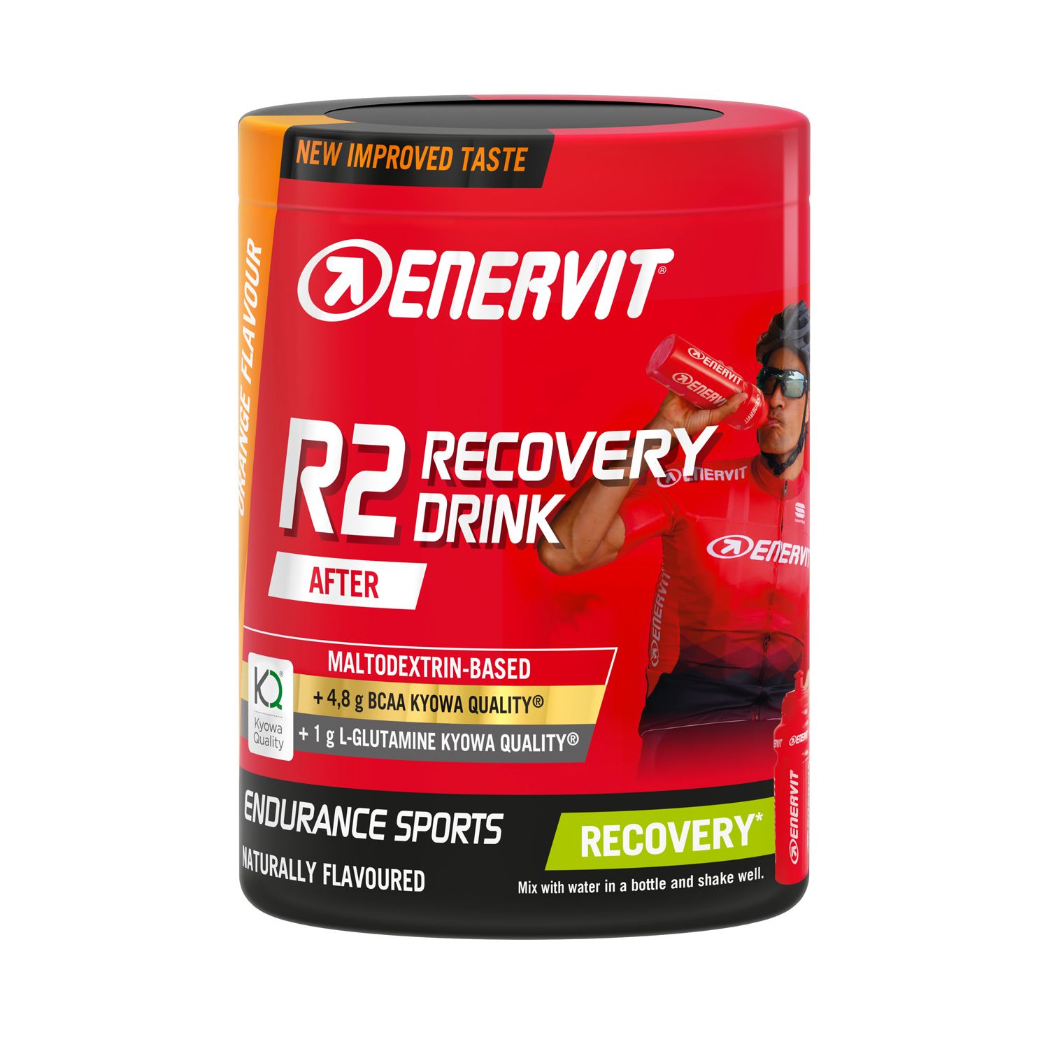 Barattolo rosso ENERVIT R2 Recovery Drink. Scritta: Maltodestrine, +4,8g BCAA, +1g L-Glutammina. Gusto arancia.