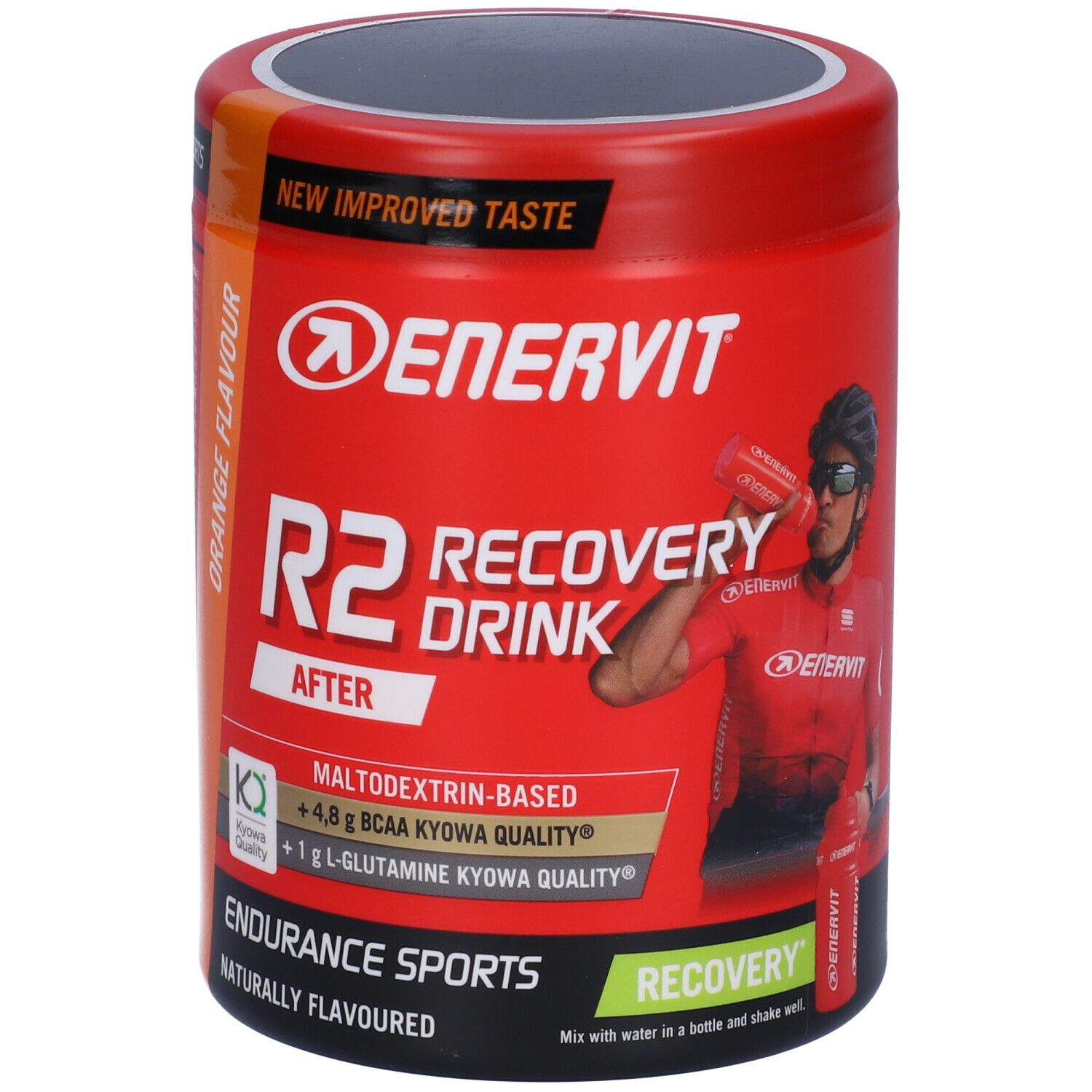 Barattolo rosso ENERVIT R2 Recovery Drink. Scritta: Maltodestrine, +4,8g BCAA, +1g L-Glutammina. Gusto arancia.