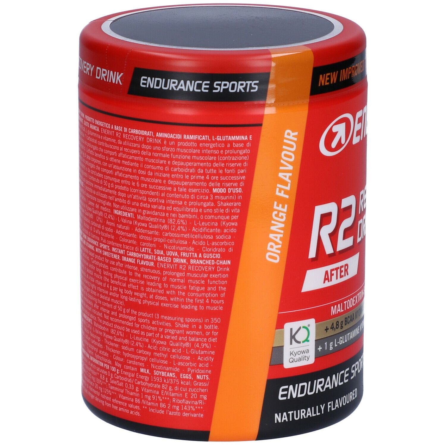 Barattolo rosso ENERVIT R2 Recovery Drink. Testo: Maltodestrine, +4,8g BCAA, +1g L-Glutammina. Gusto arancia. Retro con testo.