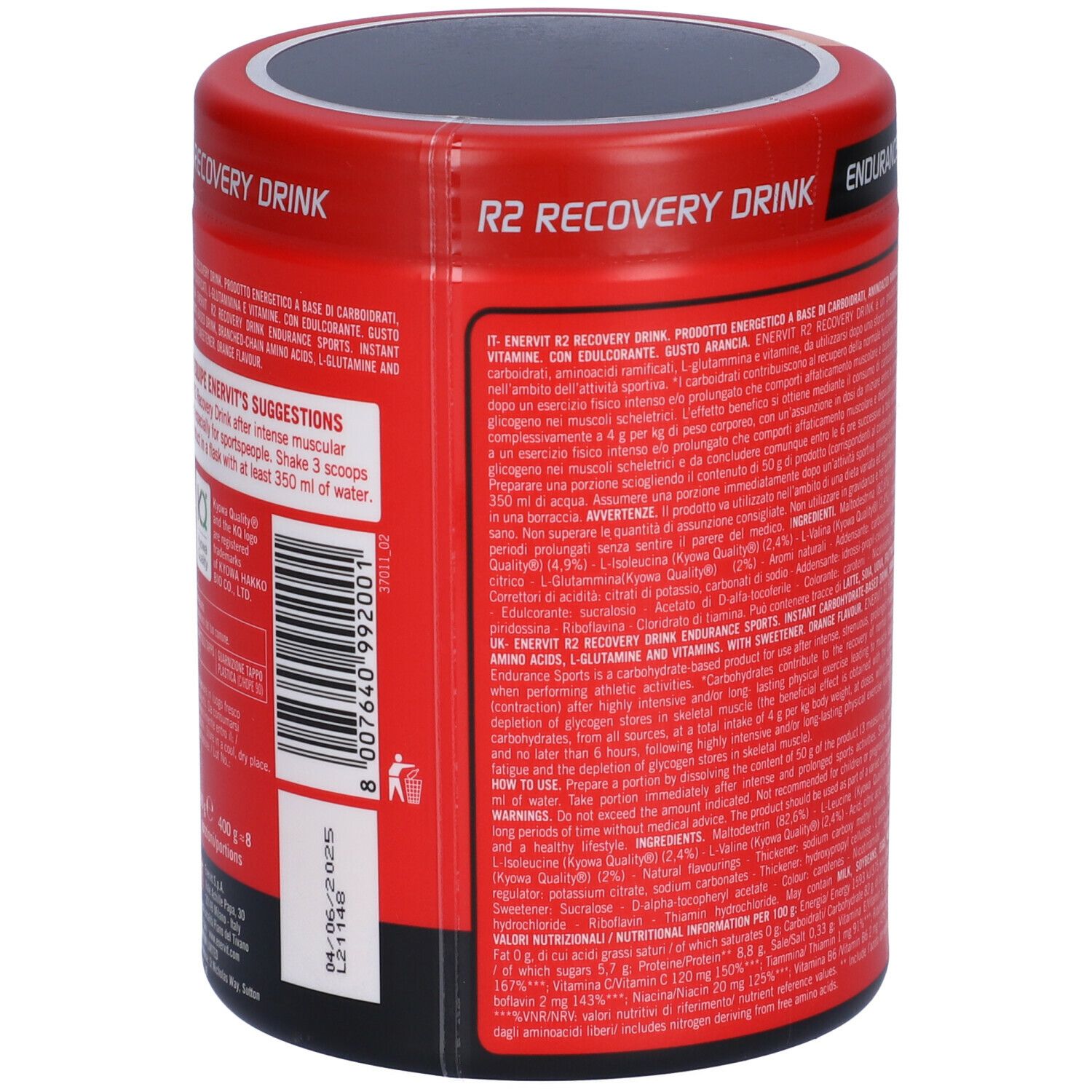 Barattolo rosso ENERVIT R2 Recovery Drink. Retro con testo e valori nutrizionali. Data di scadenza.