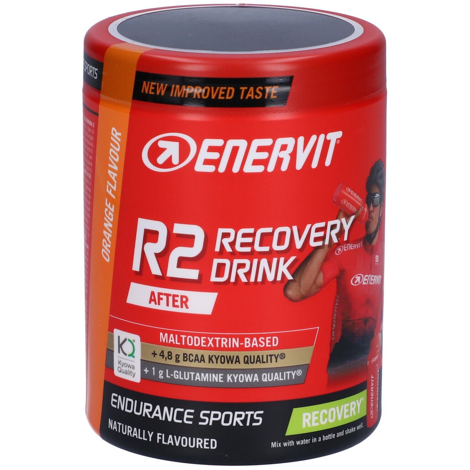 Barattolo rosso ENERVIT R2 Recovery Drink. Scritta: Maltodestrine, +4,8g BCAA, +1g L-Glutammina. Gusto arancia.
