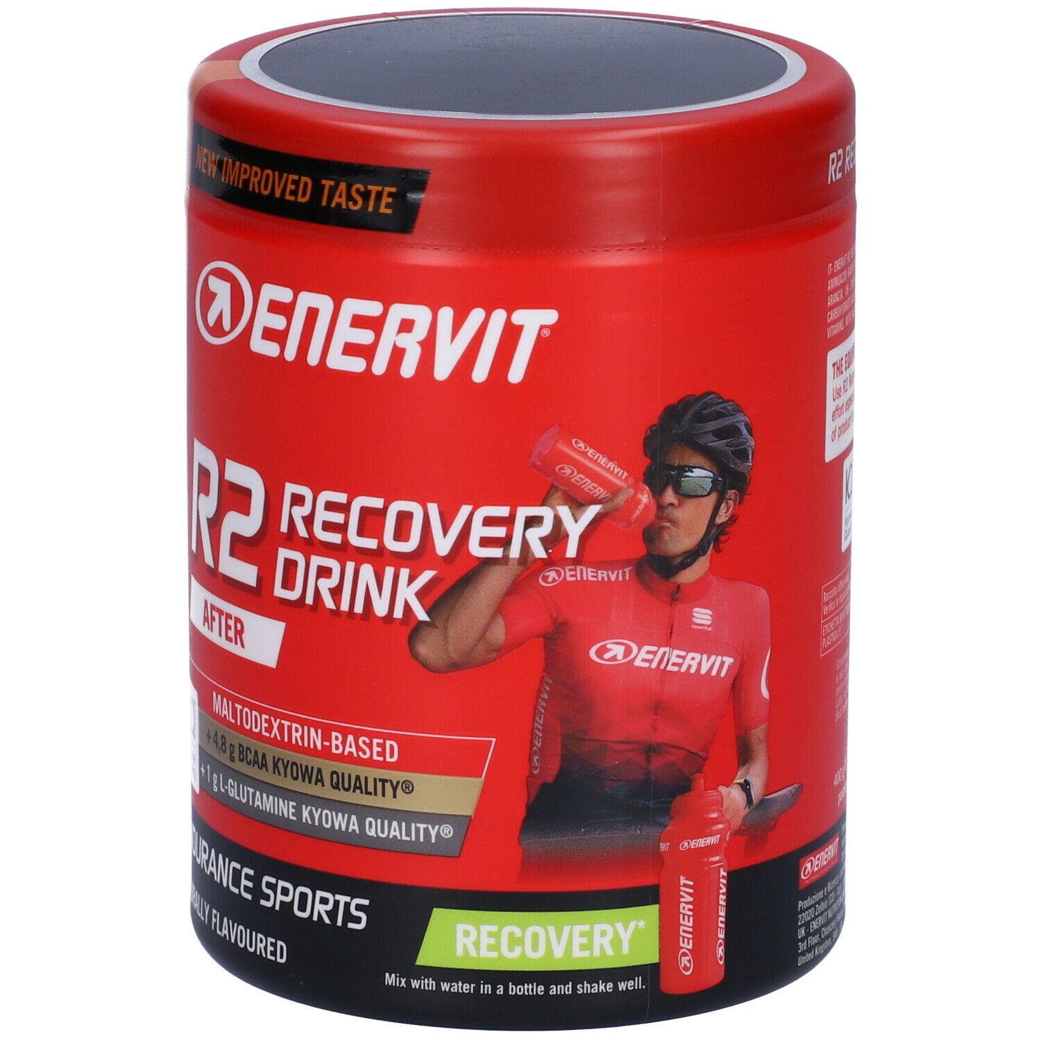 Barattolo rosso ENERVIT R2 Recovery Drink. Scritta: Maltodestrine, +4,8g BCAA, +1g L-Glutammina. Gusto arancia.