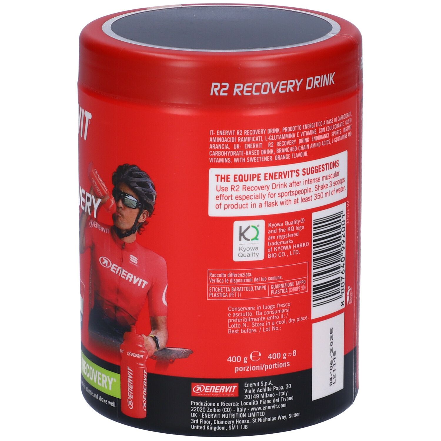 Barattolo rosso ENERVIT R2 Recovery Drink. Retro con testo, valori nutrizionali e un atleta.