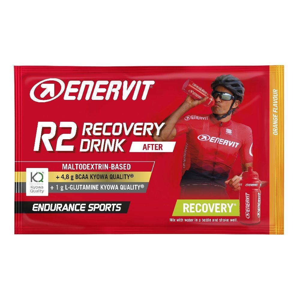 Roter ENERVIT R2 Recovery Drink Beutel. Abbildung eines Radfahrers beim Trinken. Text: Recovery Drink, Endurance Sports, Orange Flavour.