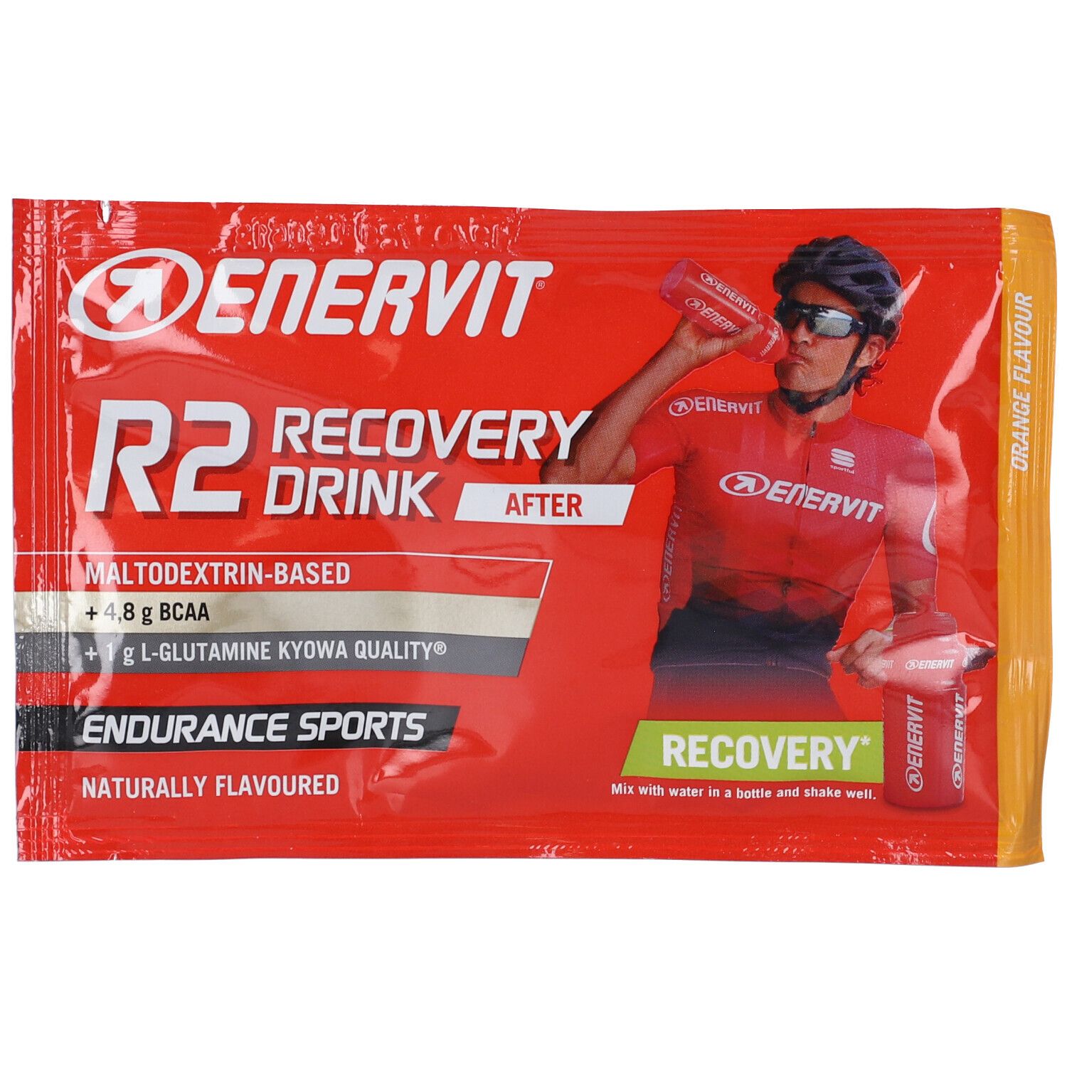 Roter ENERVIT R2 Recovery Drink Beutel. Abbildung eines Radfahrers beim Trinken. Text: Recovery Drink, Endurance Sports, Naturally Flavoured.