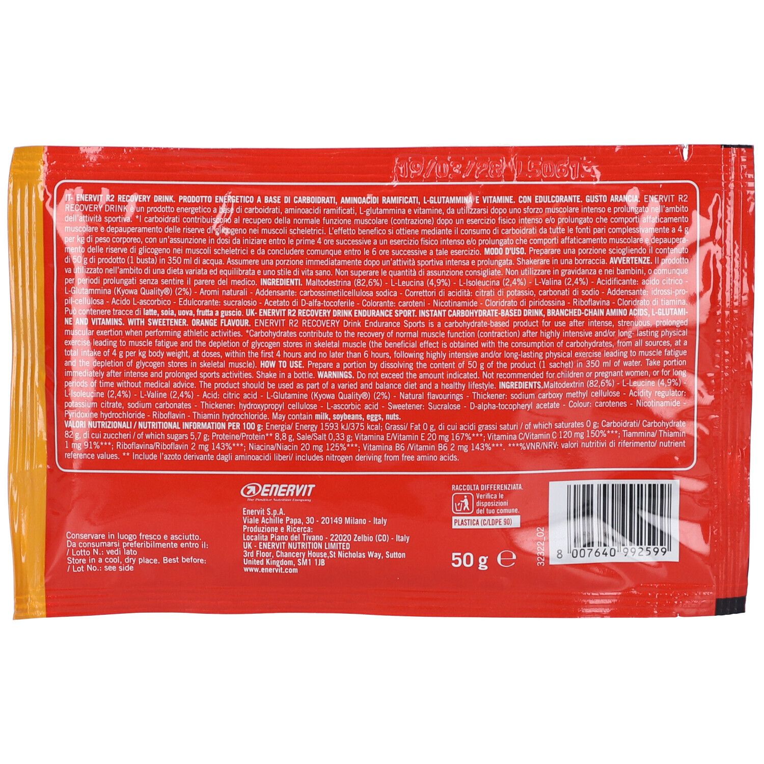 Roter ENERVIT R2 Recovery Drink Beutel. Rückseite mit Text und Nährwertangaben. Orangefarbener Rand. 50 g.