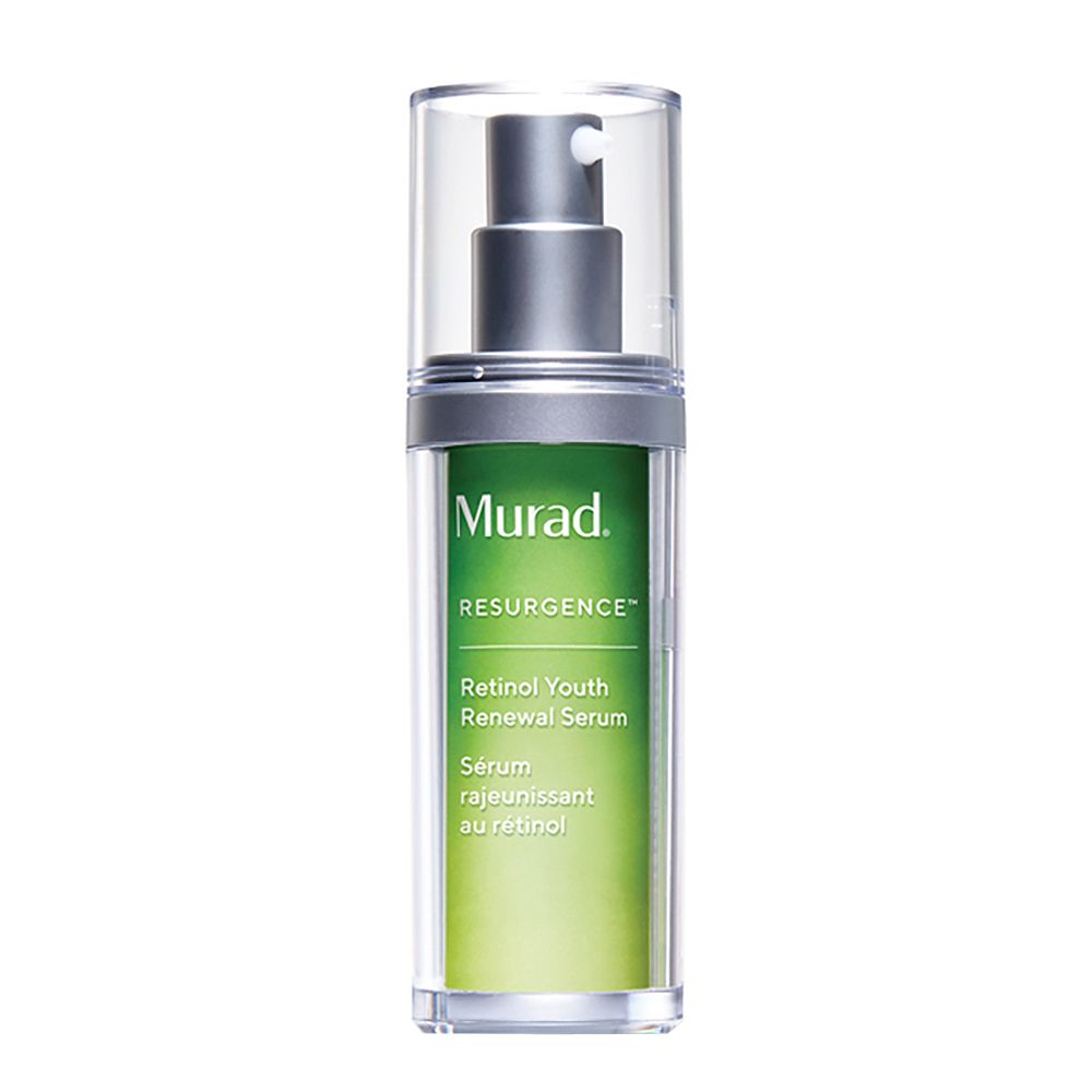 Flacone di siero con pompa. Marchio Murad, testo: Retinol Youth Renewal Serum. Flacone trasparente, etichetta verde.