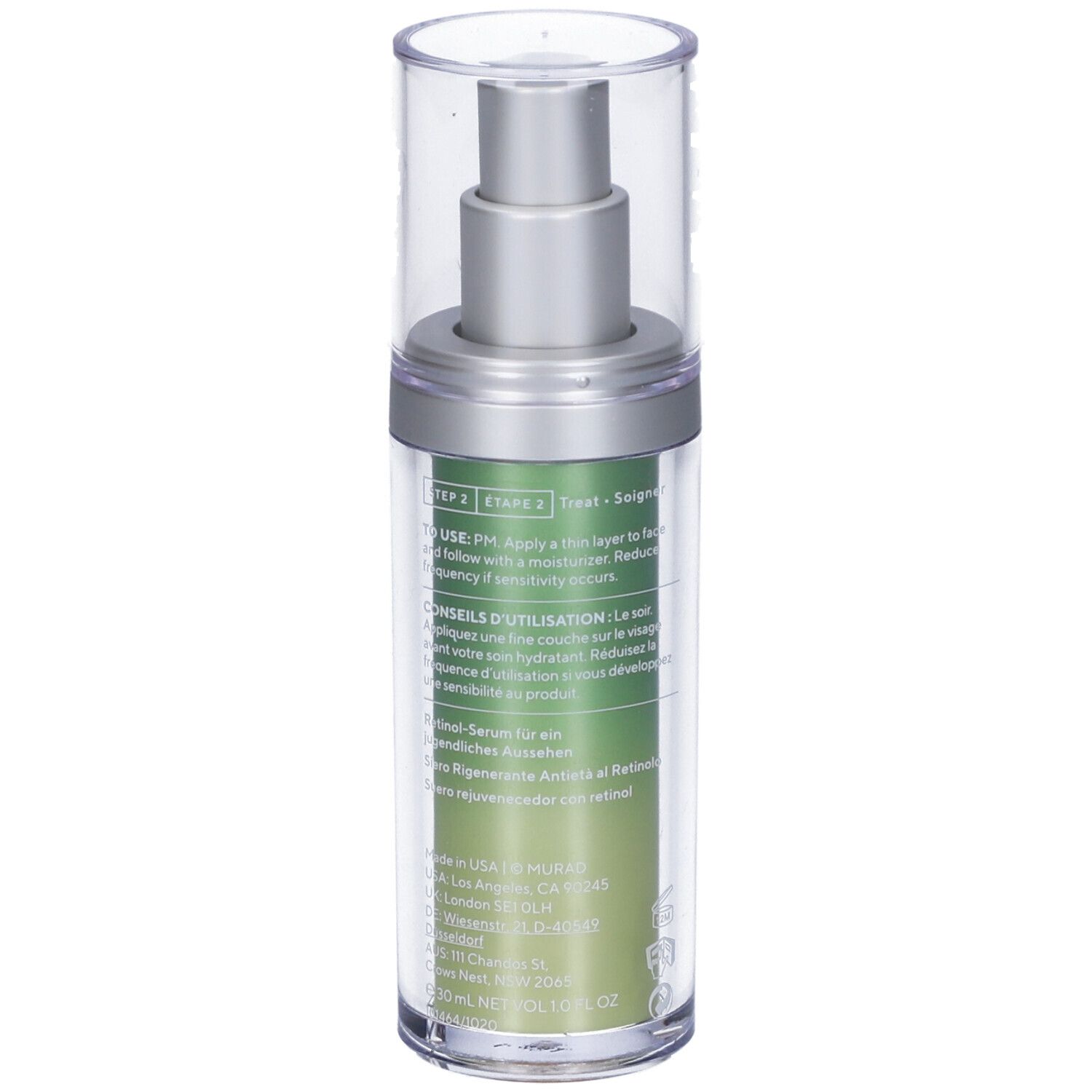 Flacone di siero con pompa. Marchio Murad, testo: Retinol Youth Renewal Serum. Flacone trasparente, etichetta verde.